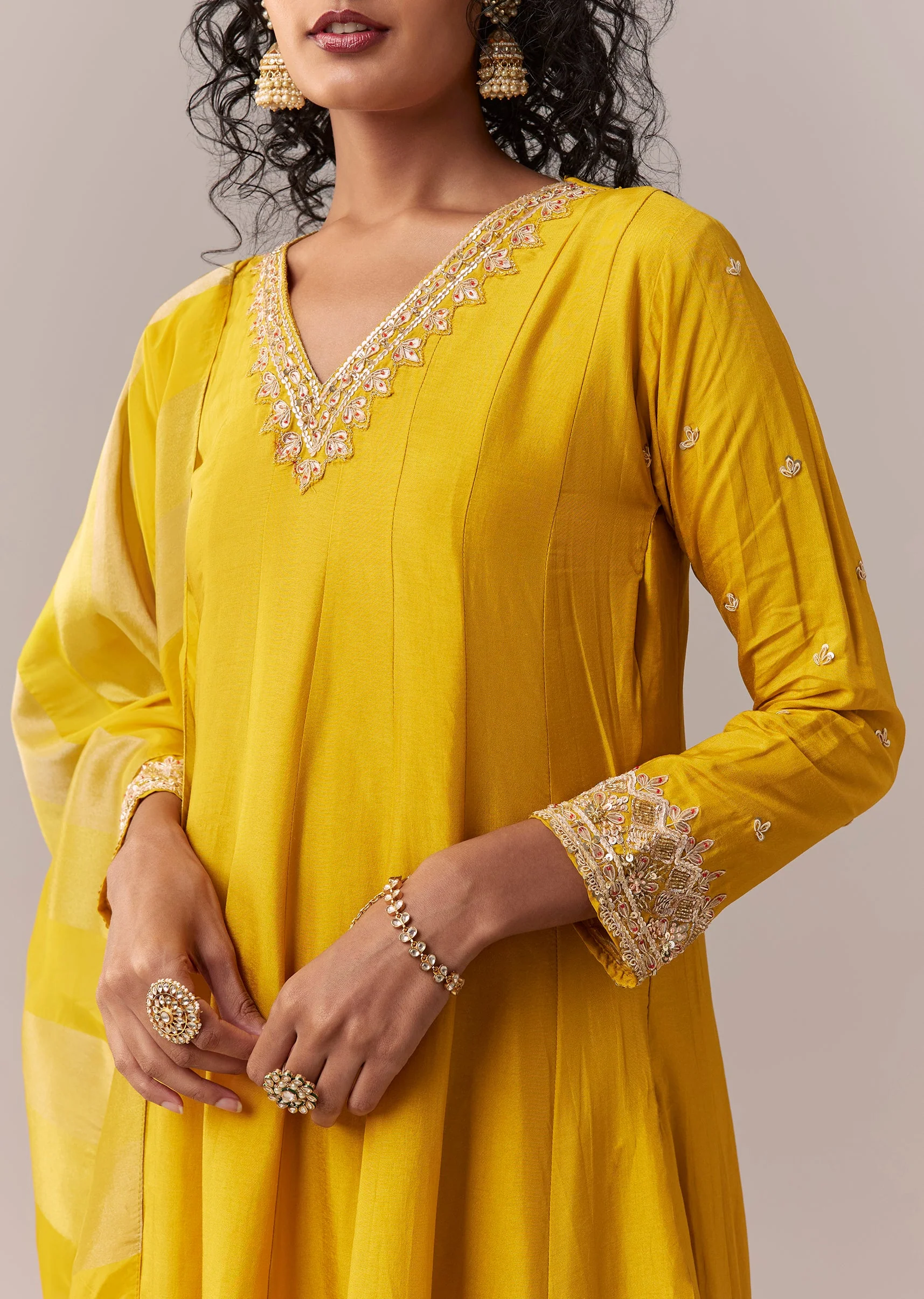 Yellow Gotta & Zardosi Anarkali Set With Dupatta - Image 3