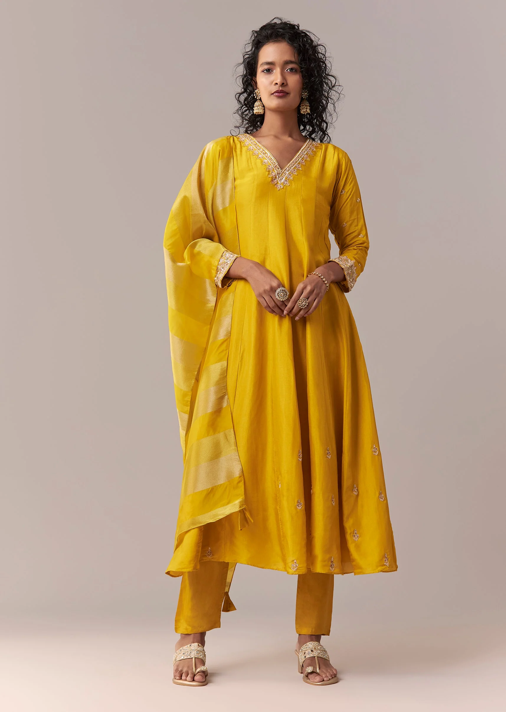 Yellow Gotta & Zardosi Anarkali Set With Dupatta - Image 4