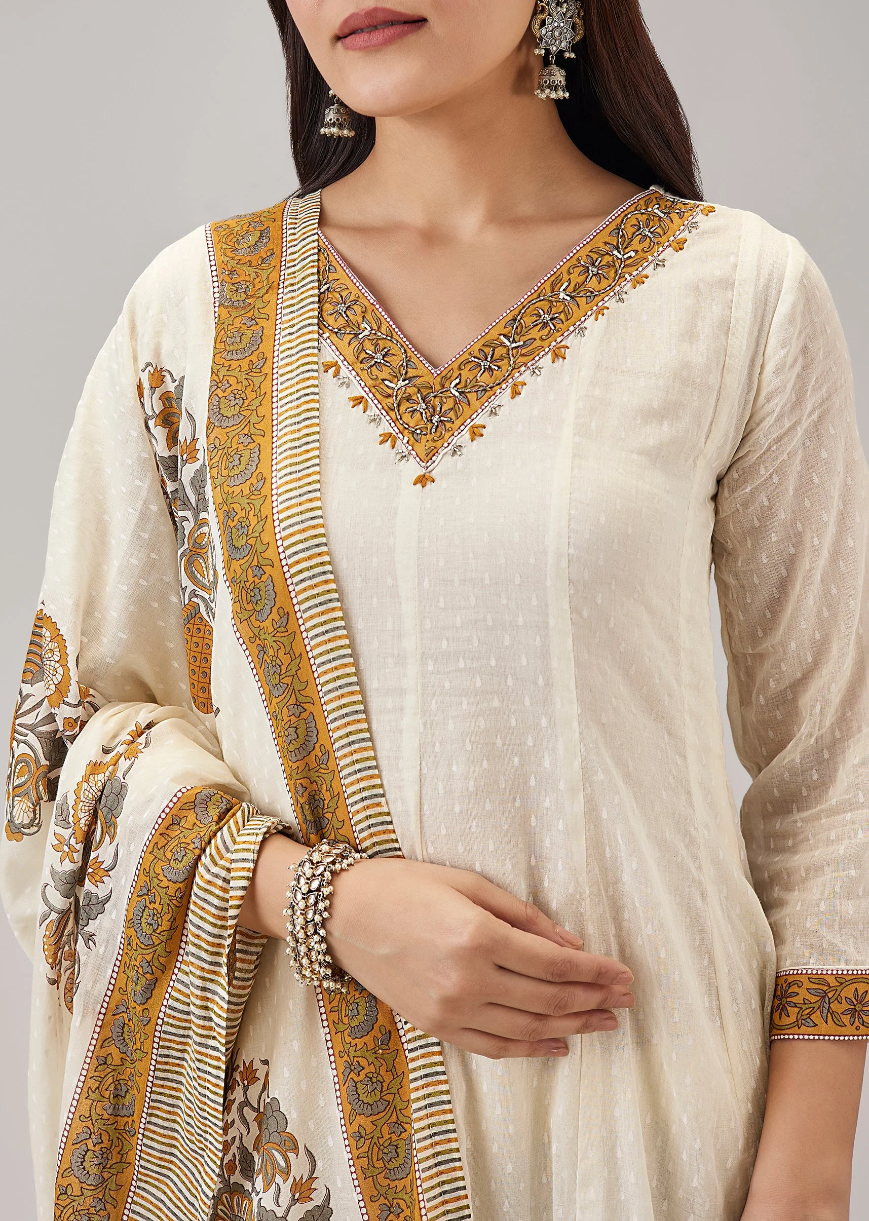 Yellow Hand Block Printed Anarkali With Cut Dana Work - Image 2