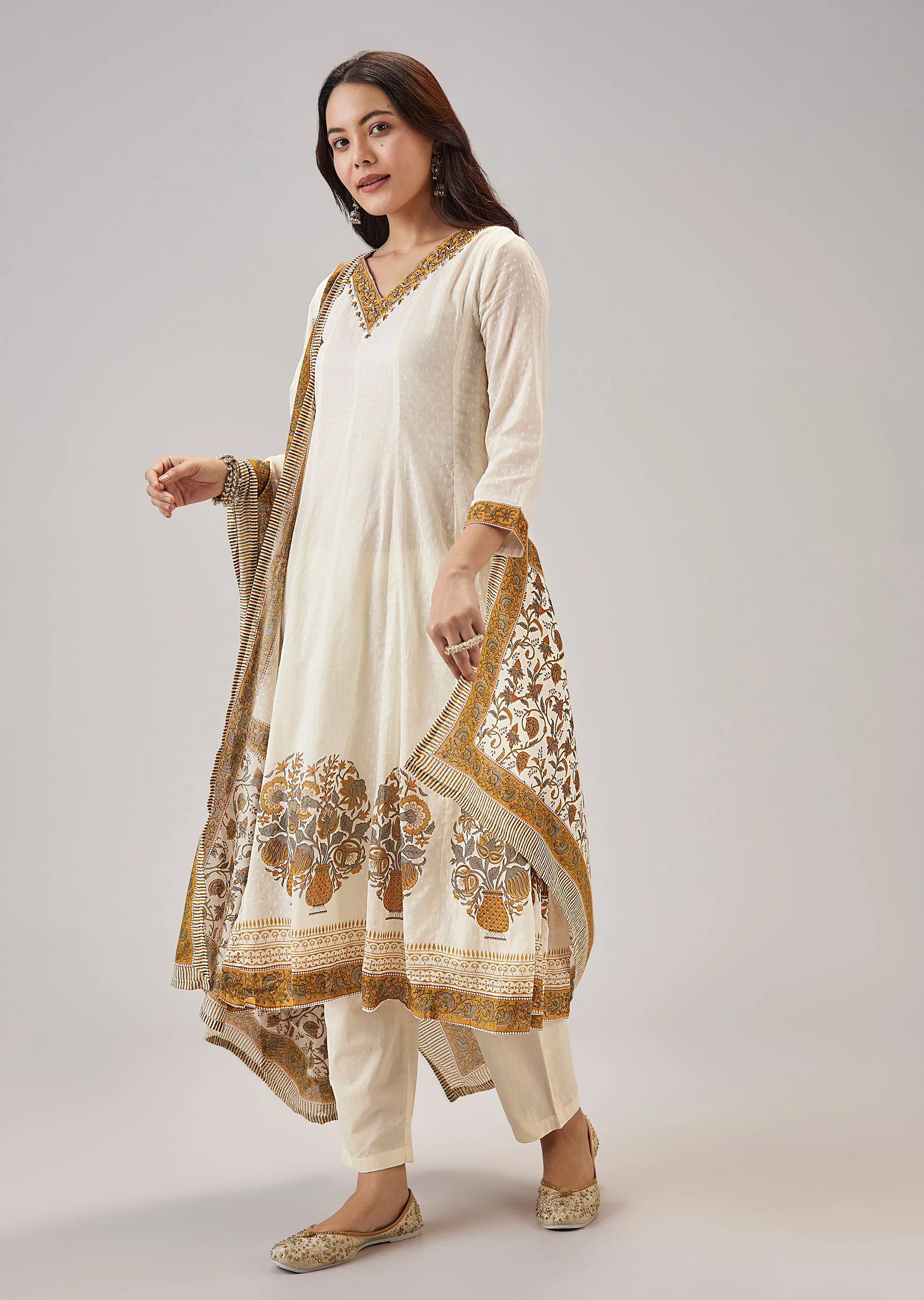 Yellow Hand Block Printed Anarkali With Cut Dana Work - Image 3