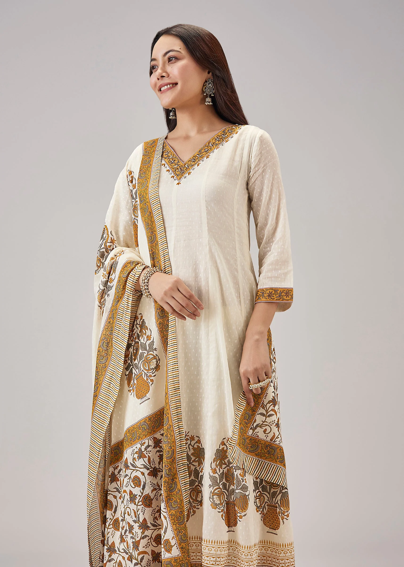 Yellow Hand Block Printed Anarkali With Cut Dana Work - Image 4