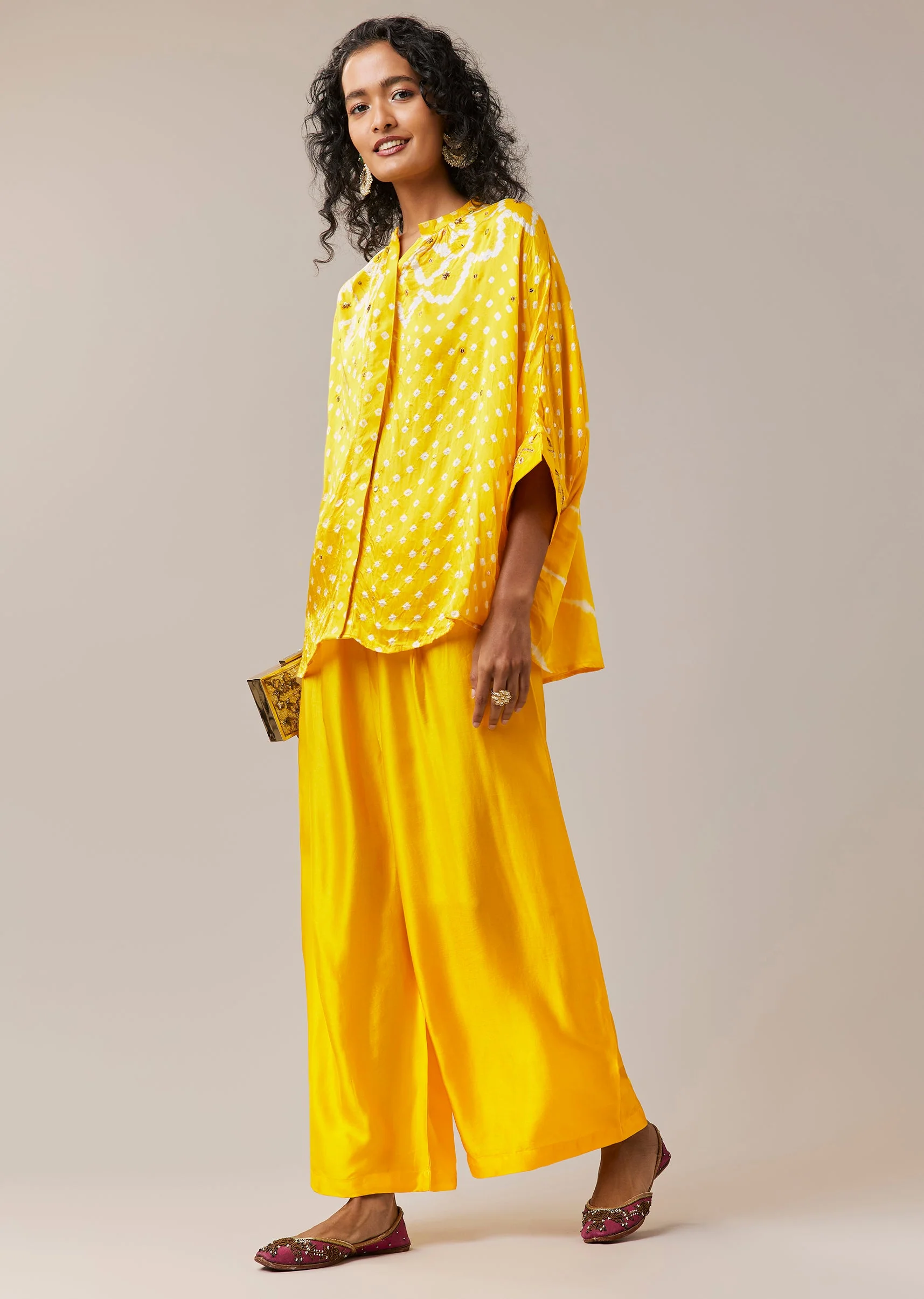 Yellow Hand Dyed Bandhani and Leheriya Palazzo Set with Sequin - Image 3
