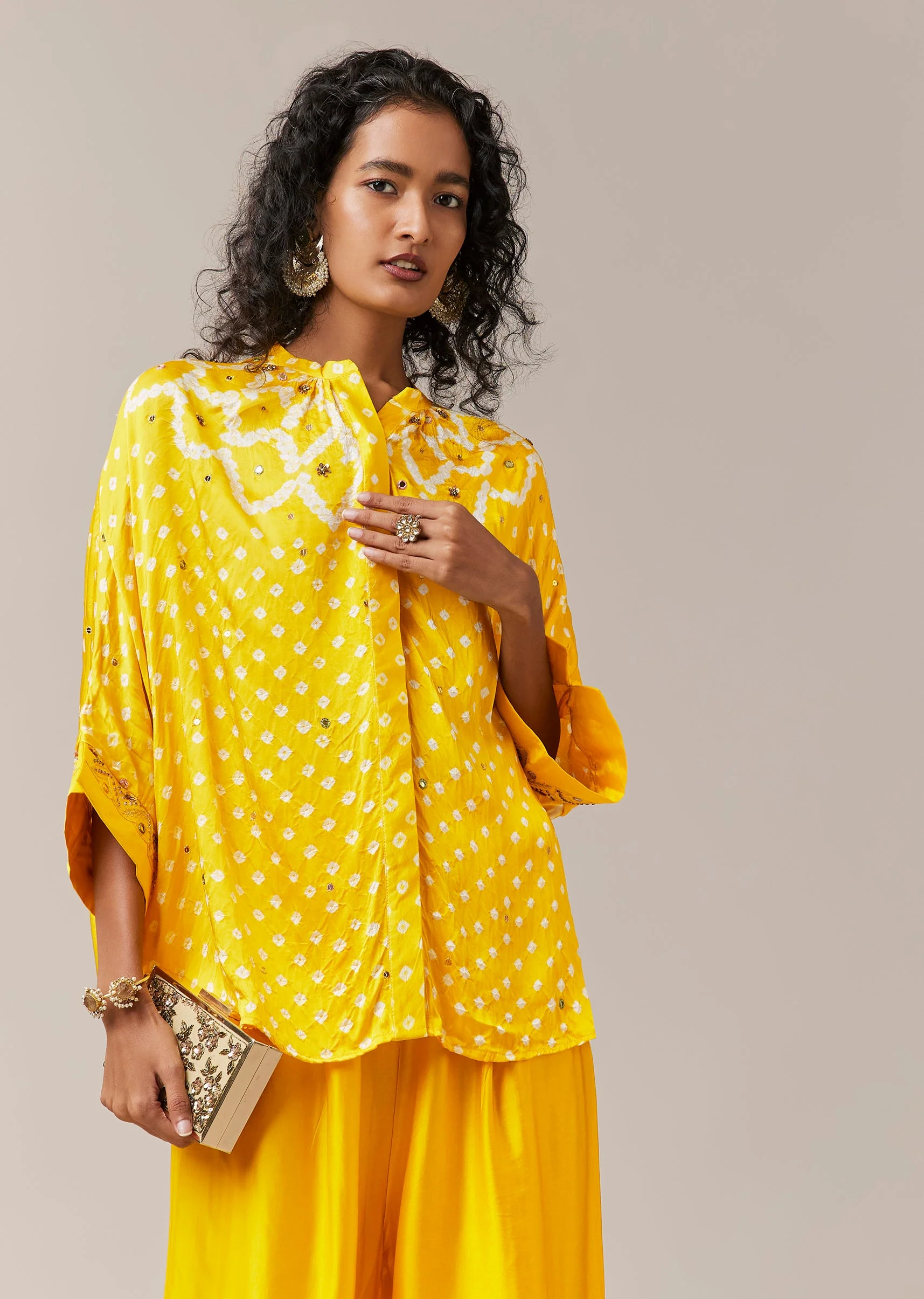 Yellow Hand Dyed Bandhani and Leheriya Palazzo Set with Sequin - Image 4
