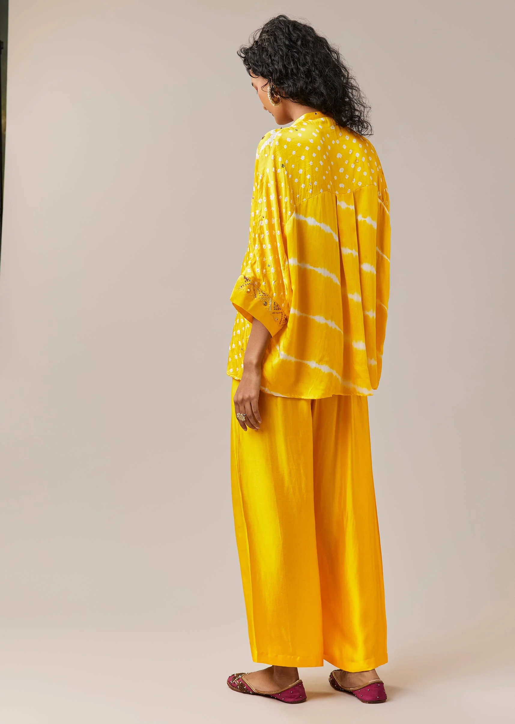 Yellow Hand Dyed Bandhani and Leheriya Palazzo Set with Sequin - Image 5