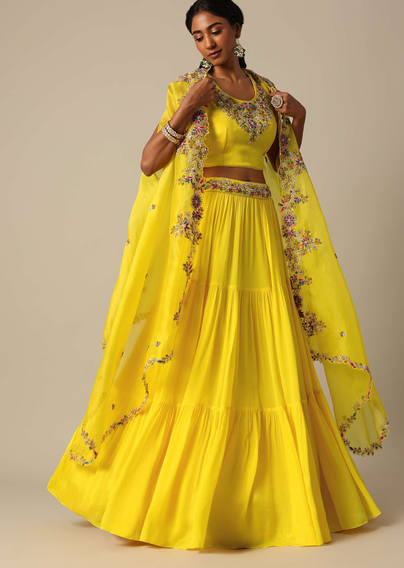 Yellow Hand Embroidered Long Jacket And Lehenga Set - Image 8