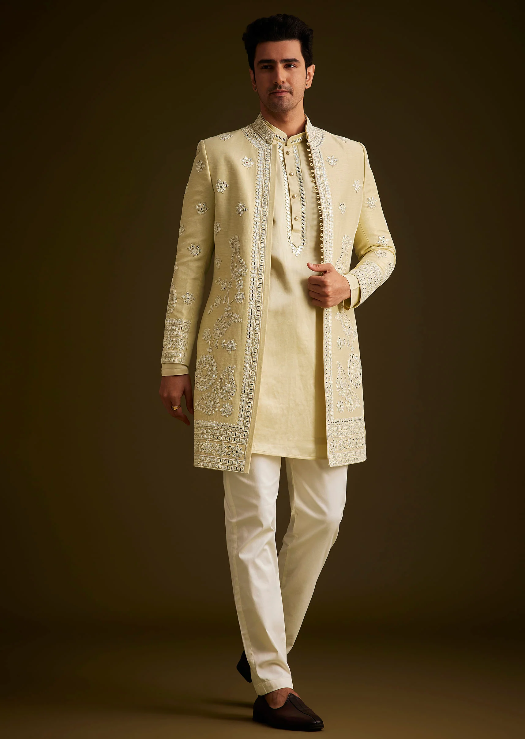Yellow Hand Embroidered Sherwani Set - Image 2