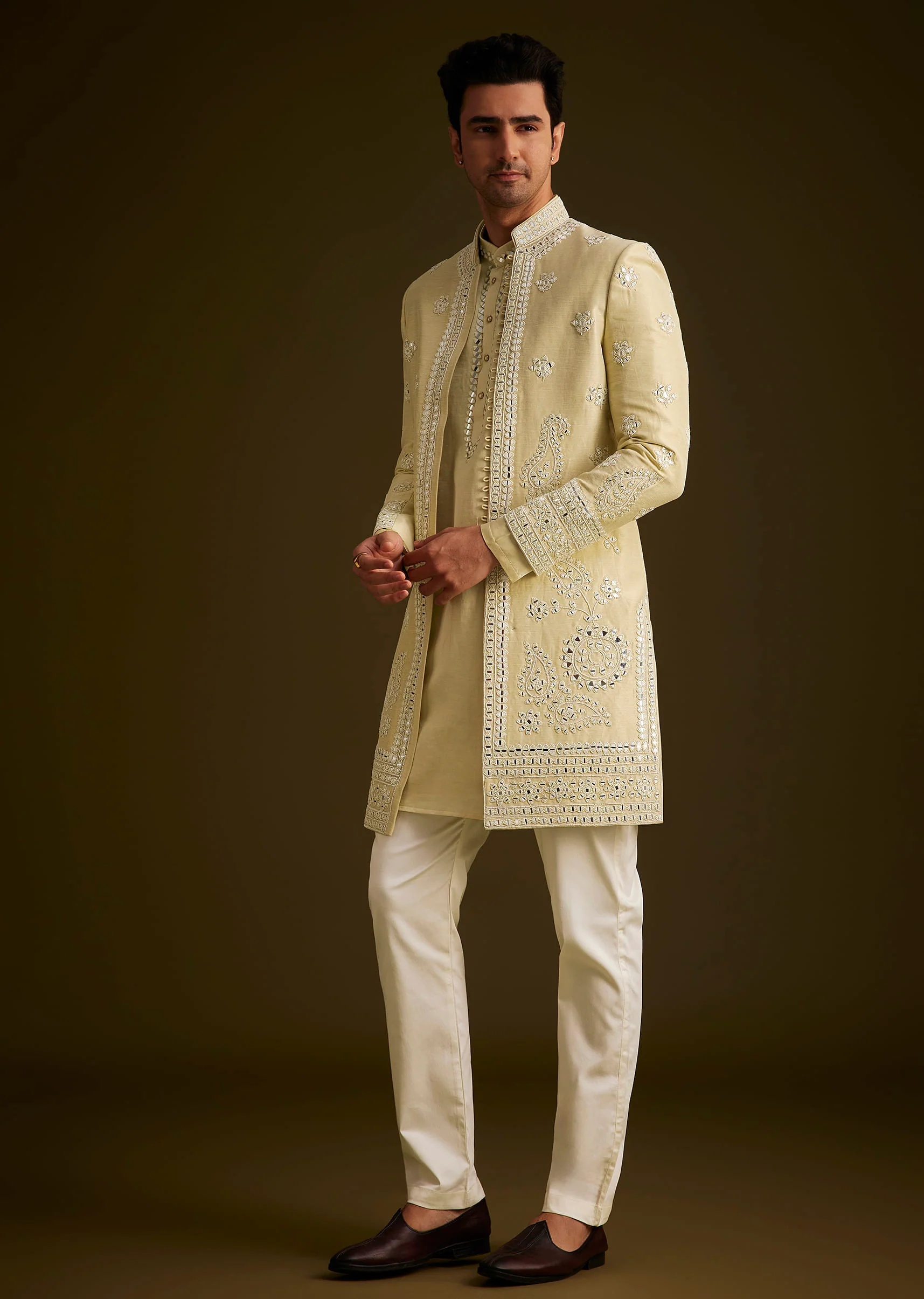 Yellow Hand Embroidered Sherwani Set - Image 4