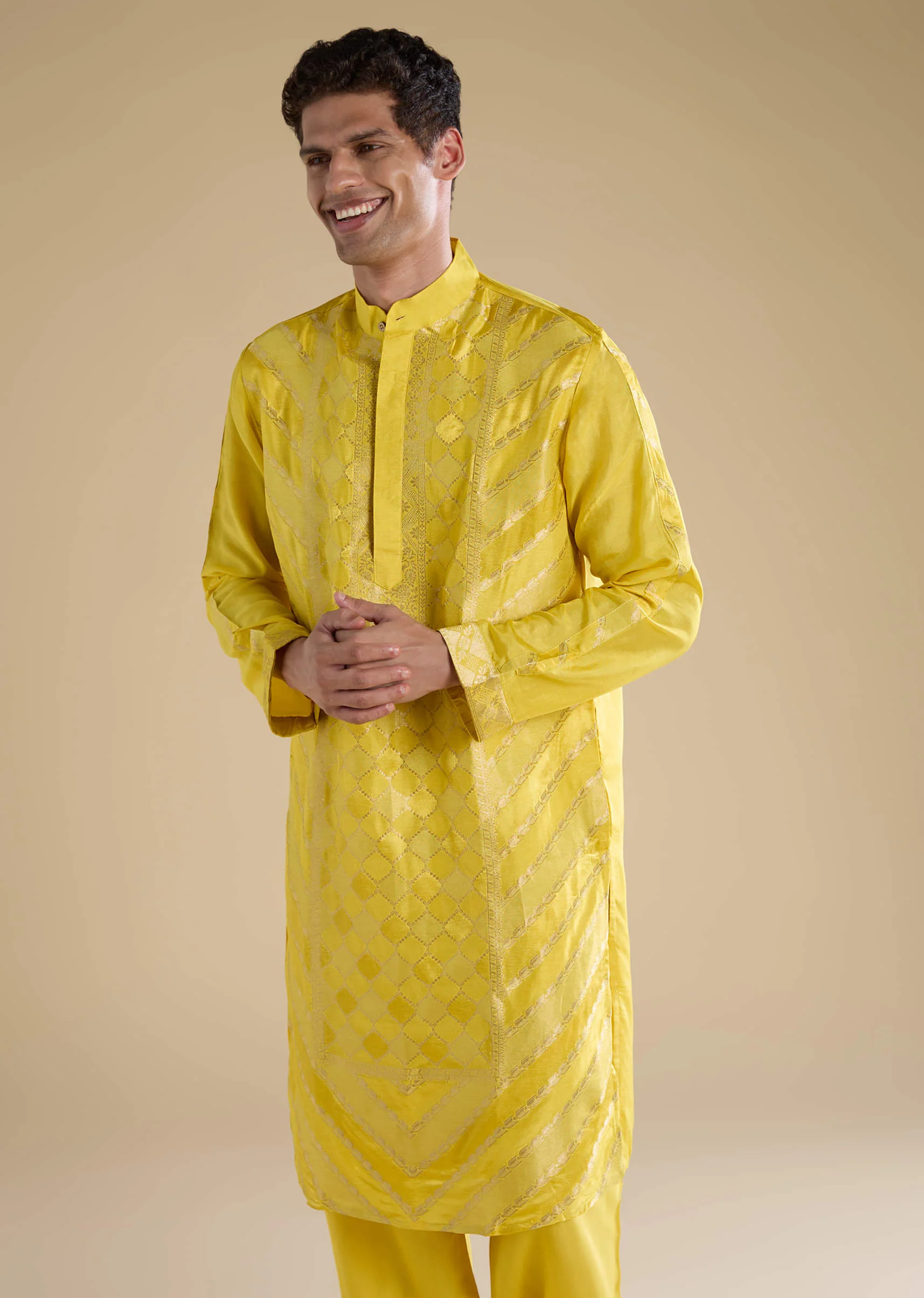 Yellow Handwoven Jacquard Silk Mens Straight Kurta Pant Set - Image 3