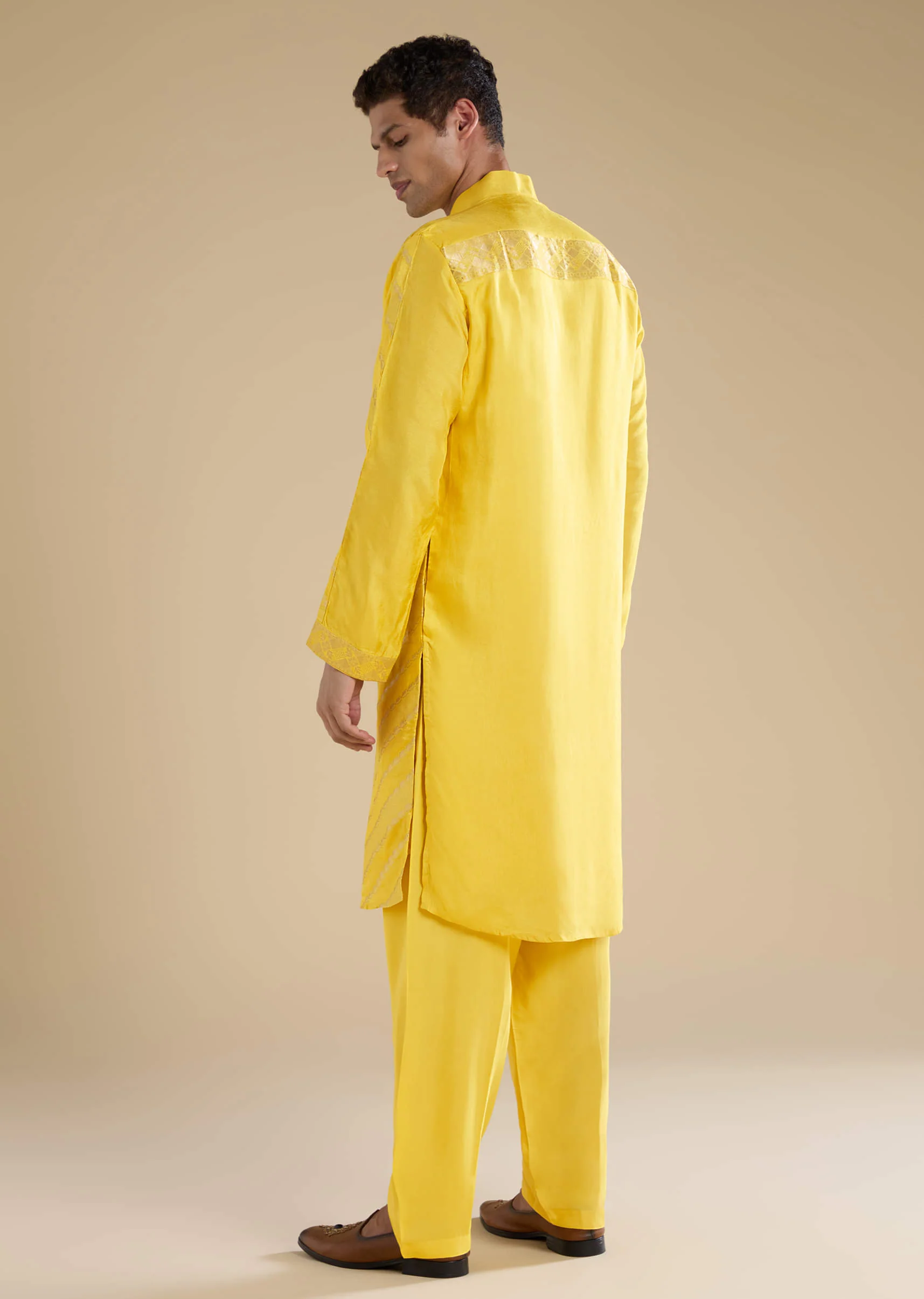 Yellow Handwoven Jacquard Silk Mens Straight Kurta Pant Set - Image 5