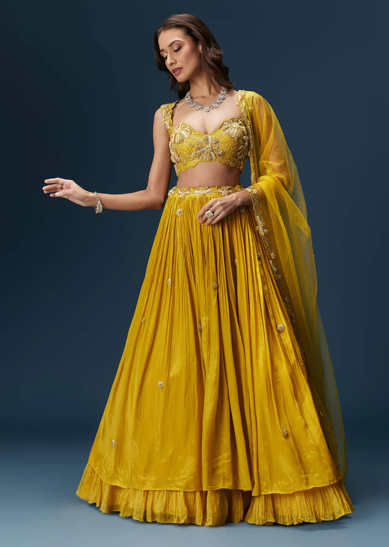 Yellow Indo Western Lehenga With Rushed Skirt And Embroidered Dupatta - Image 2
