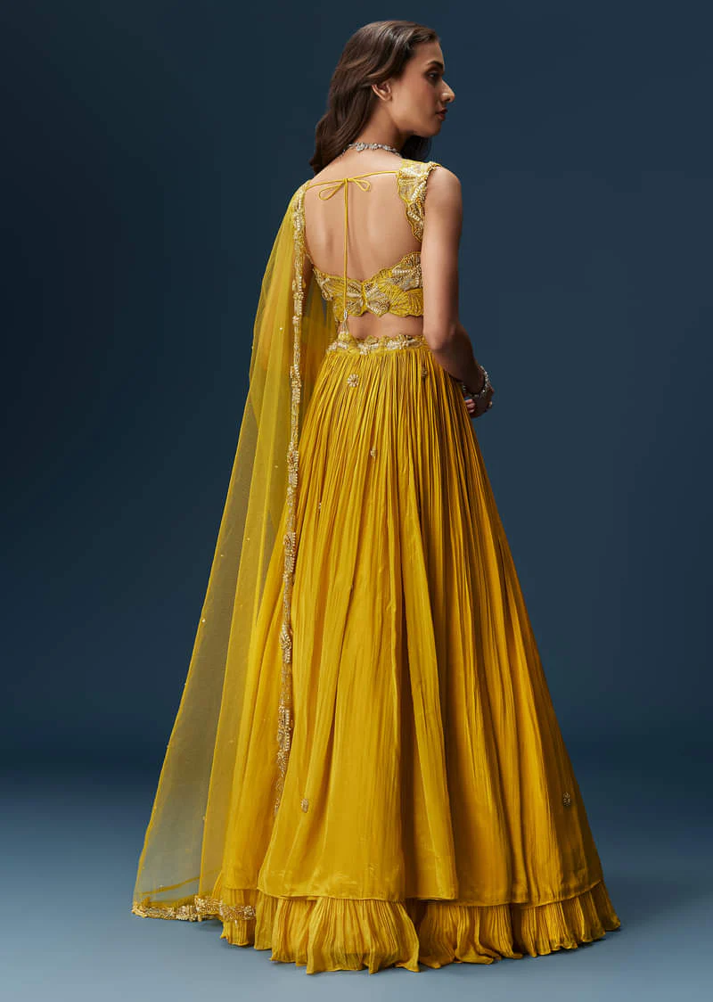 Yellow Indo Western Lehenga With Rushed Skirt And Embroidered Dupatta - Image 3