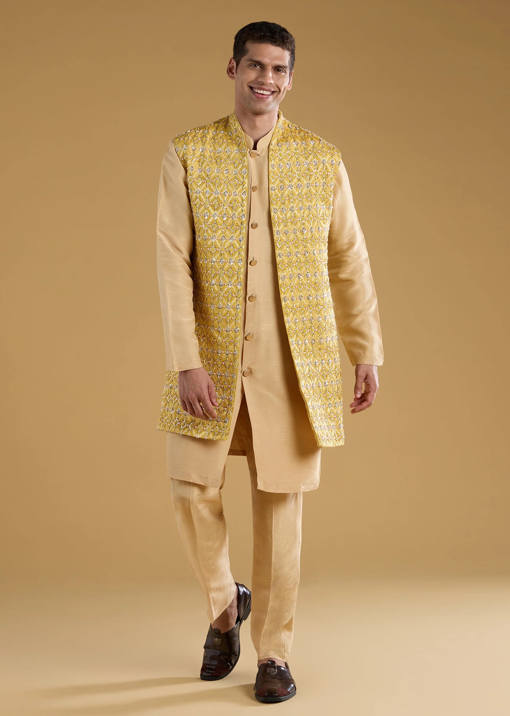 Yellow Jacquard Embroidered Jacket and Kurta Set