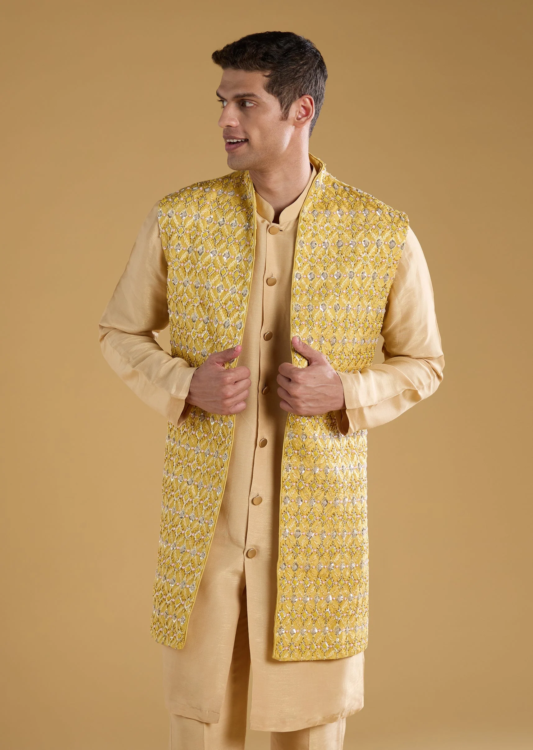 Yellow Jacquard Embroidered Jacket and Kurta Set - Image 4