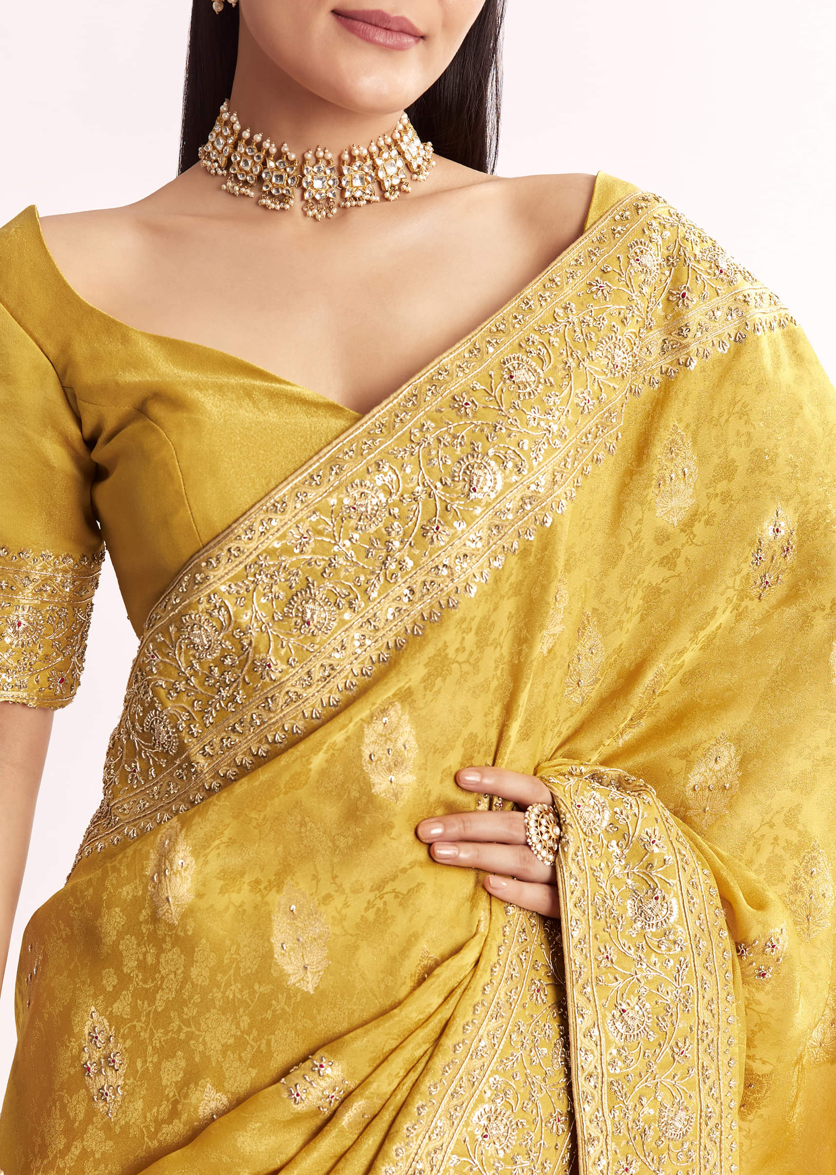 Yellow Jacquard Silk Saree With Woven Brocade Zari Work - Image 2