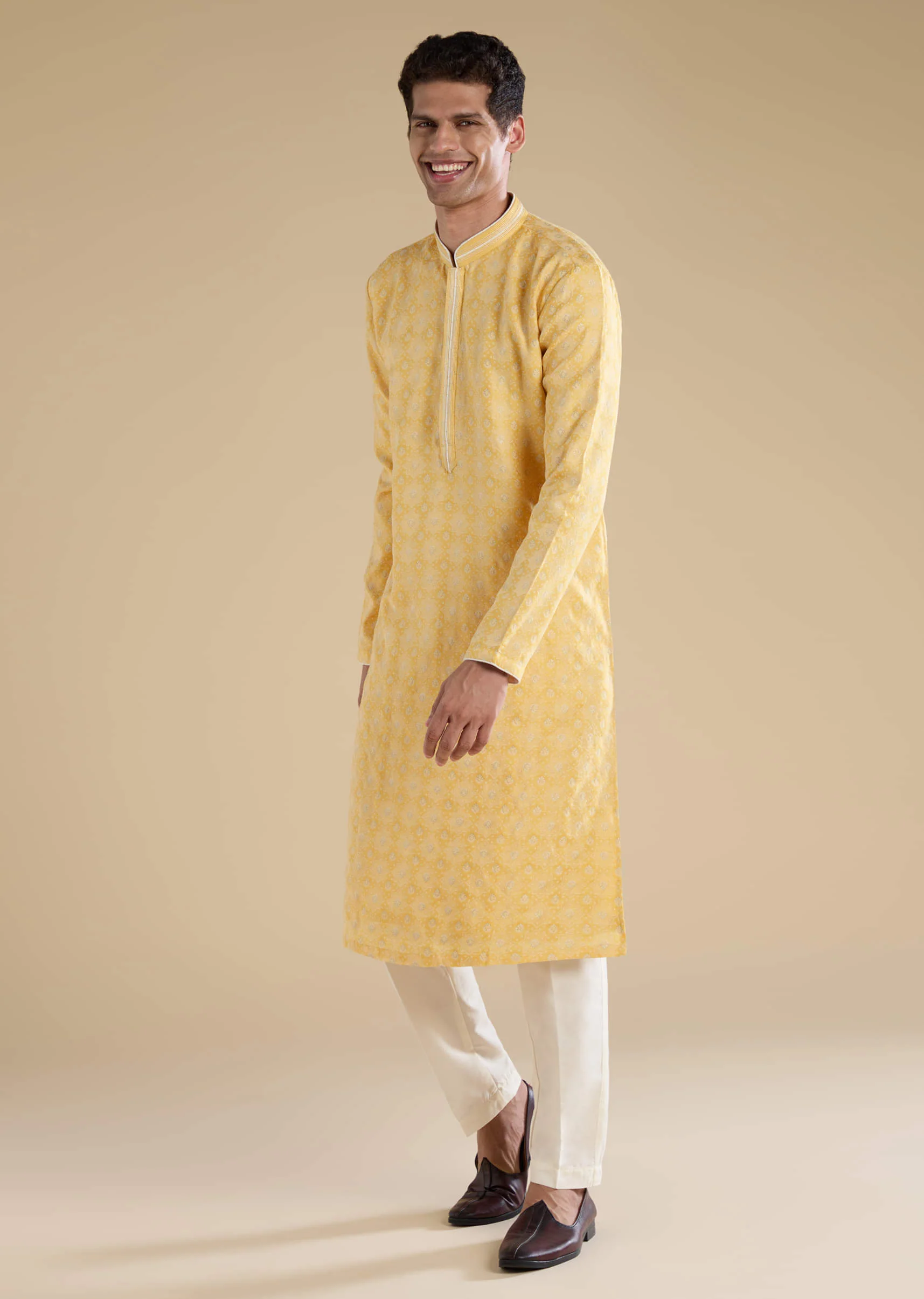 Yellow Jacquard Straight Mens Kurta and Pant Set - Image 4