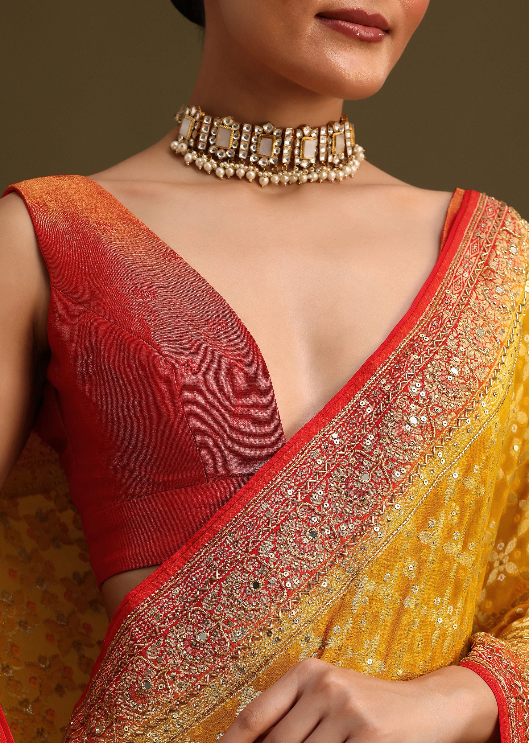 Yellow Khaddi Georgette Bandhani Weave Cutdana Saree - Image 2