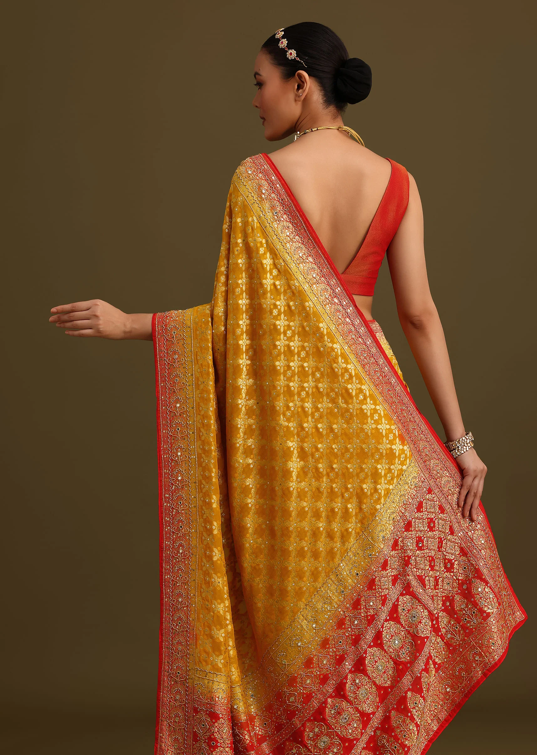 Yellow Khaddi Georgette Bandhani Weave Cutdana Saree - Image 6