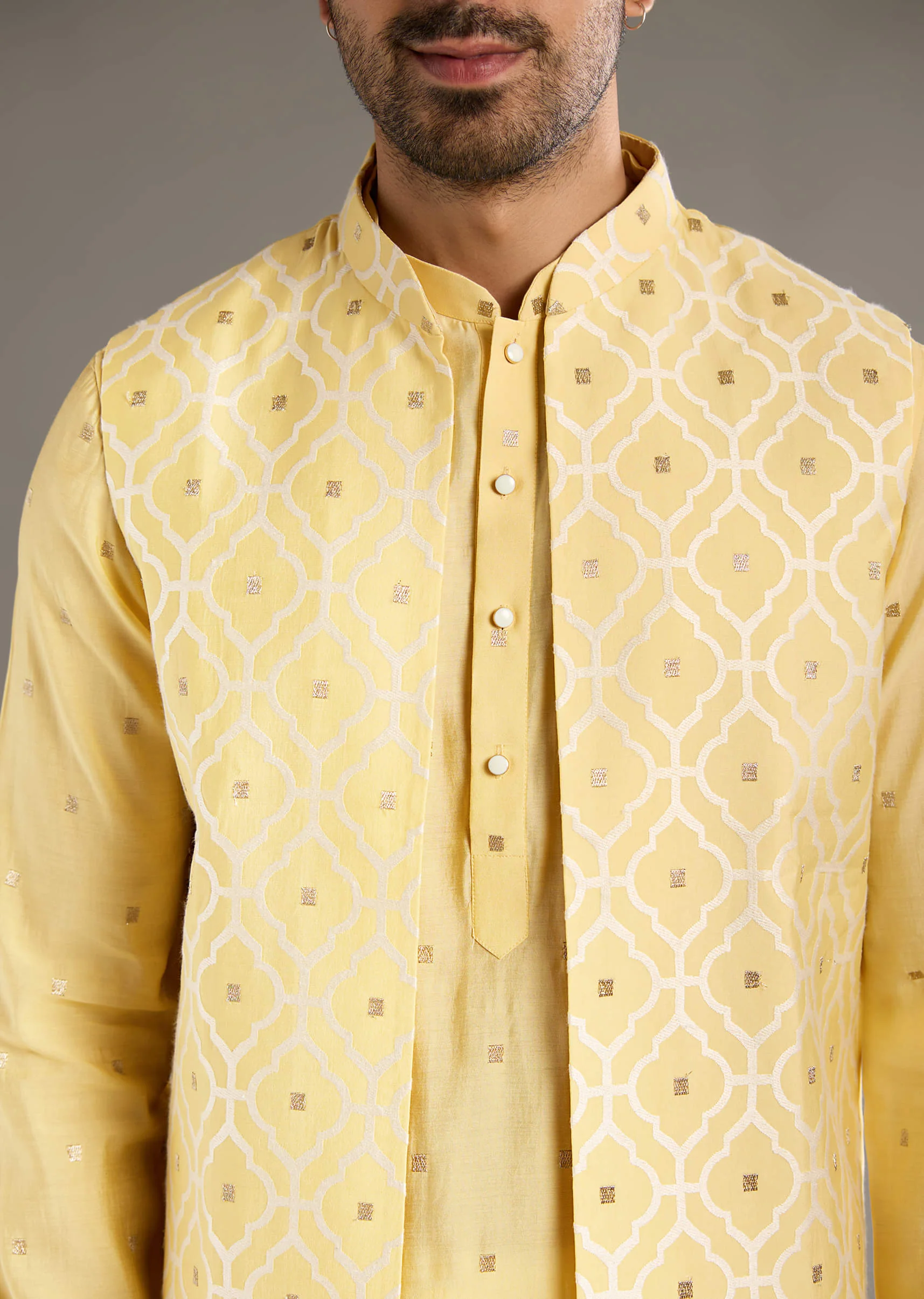 Yellow Kurta Jacket Set For Men With Hand Embroidery - Image 3