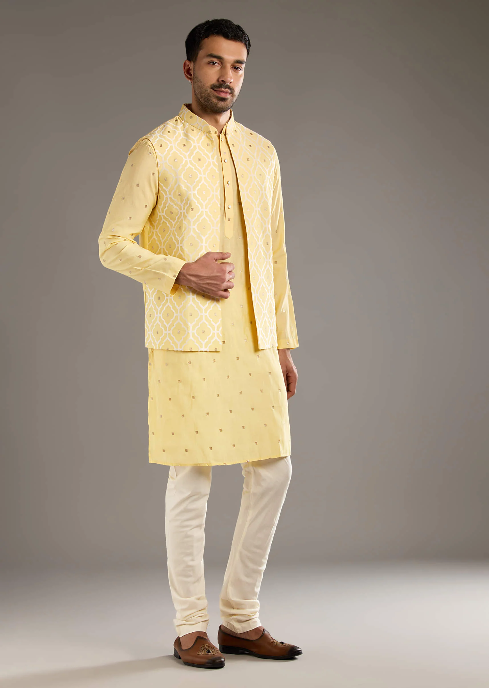 Yellow Kurta Jacket Set For Men With Hand Embroidery - Image 4