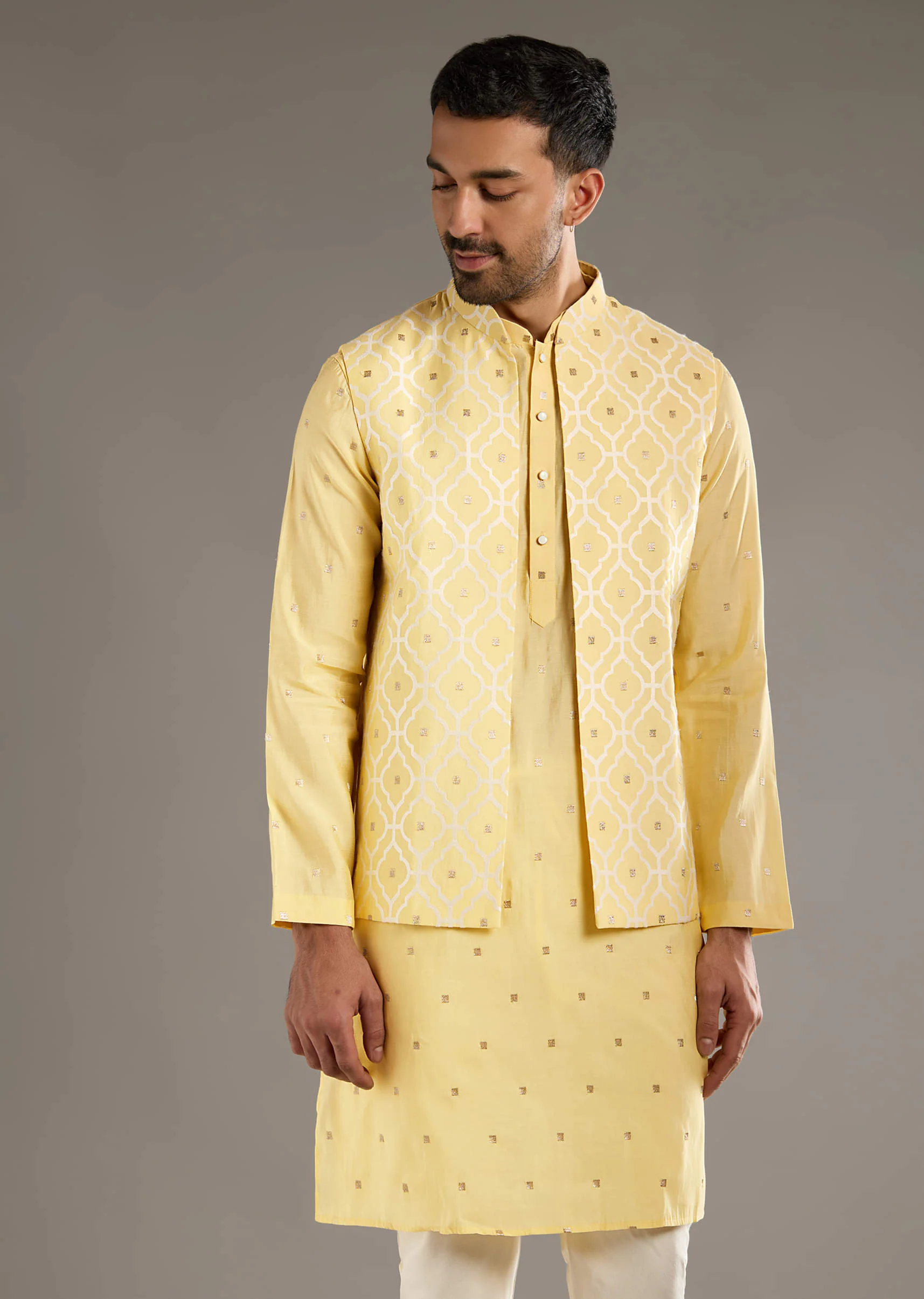 Yellow Kurta Jacket Set For Men With Hand Embroidery - Image 5