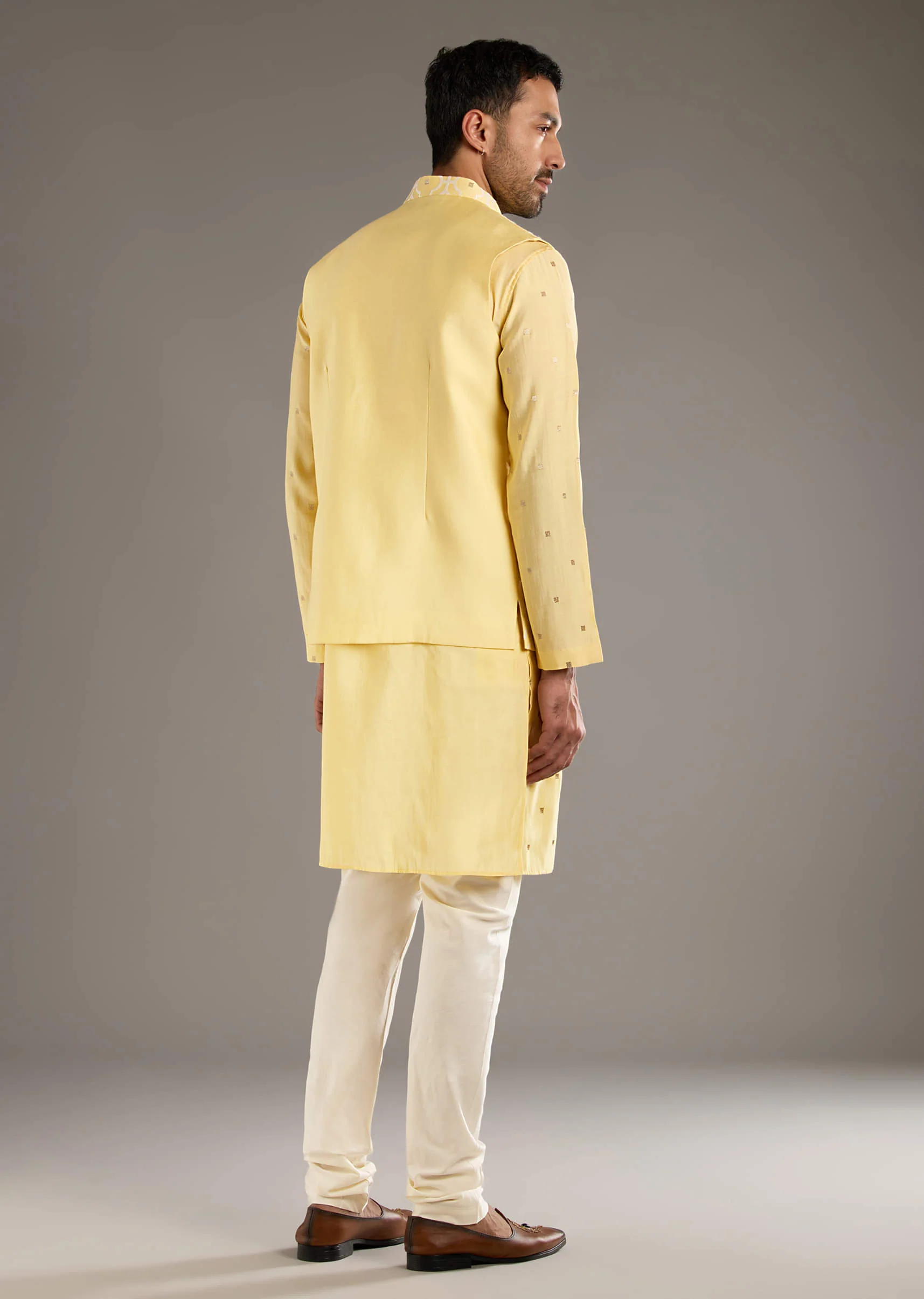 Yellow Kurta Jacket Set For Men With Hand Embroidery - Image 6