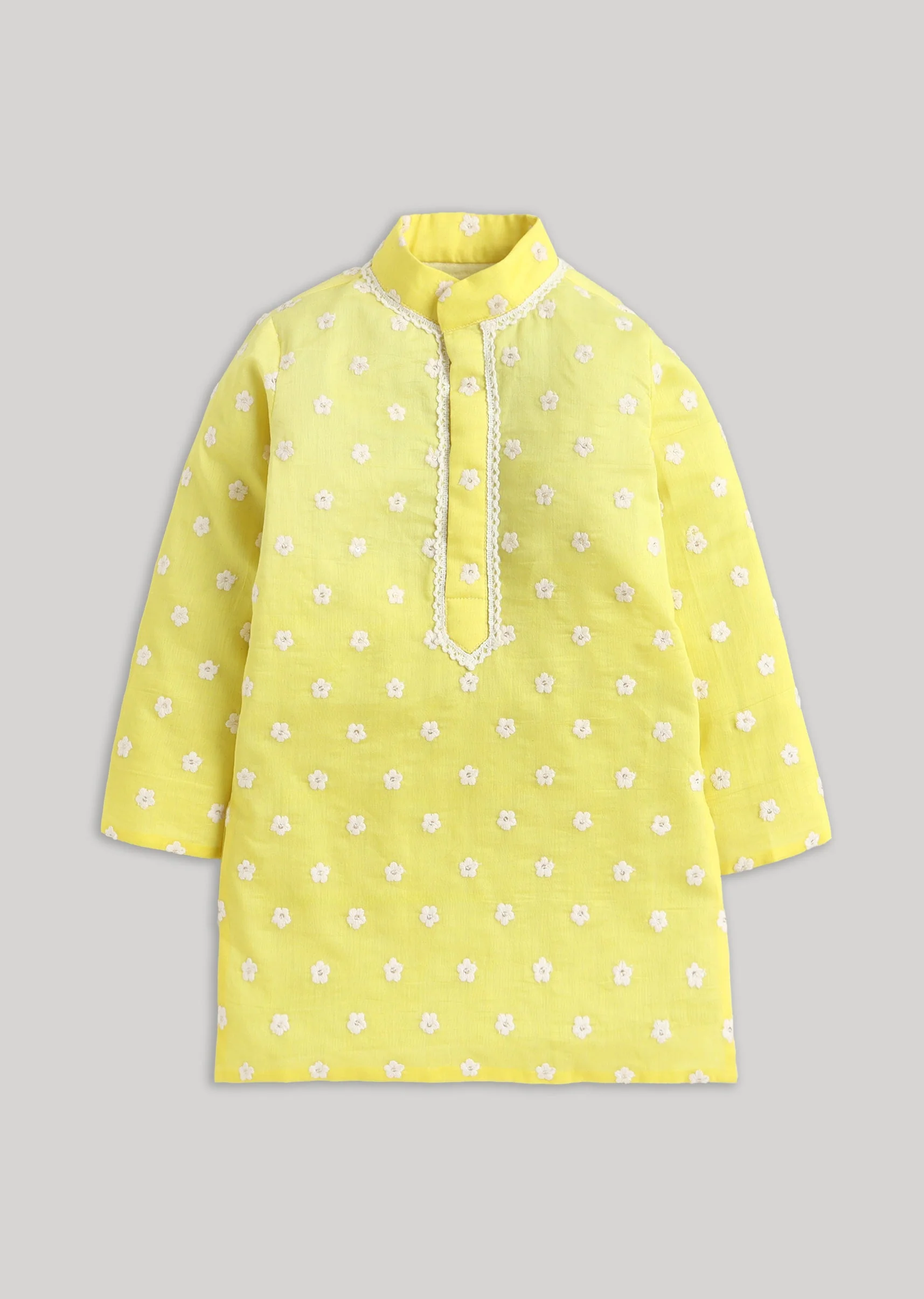 Yellow Kurta Set With Embroidery And Mandarin Collar - Image 3