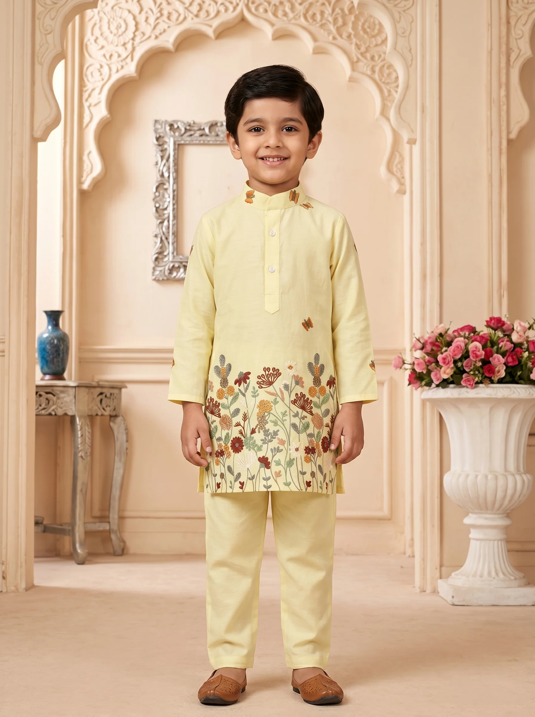 Yellow Kurta Set With Embroidery And Multicolour Accents