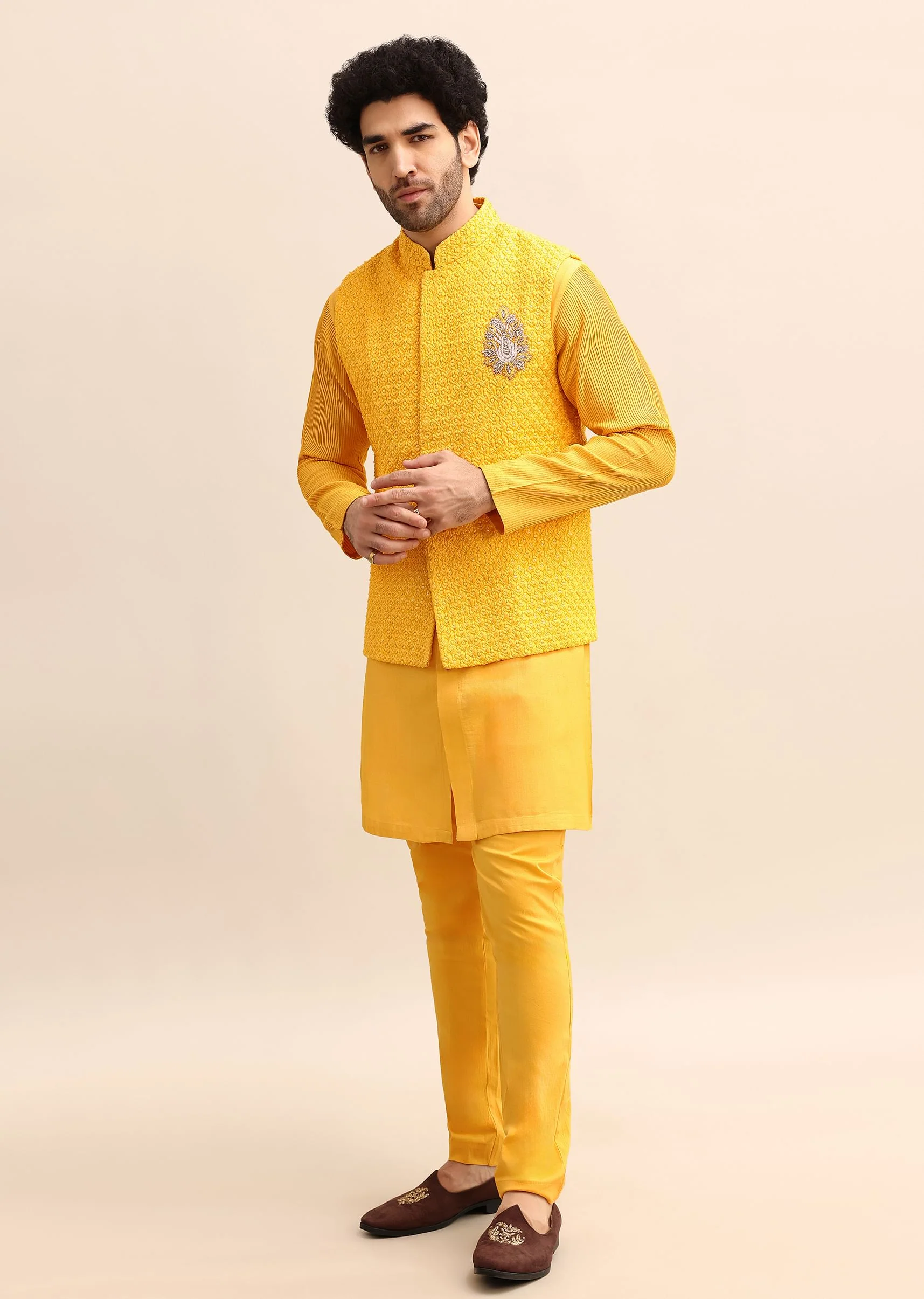 Yellow Kurta Set With Hand Embroidered Jacket - Image 2