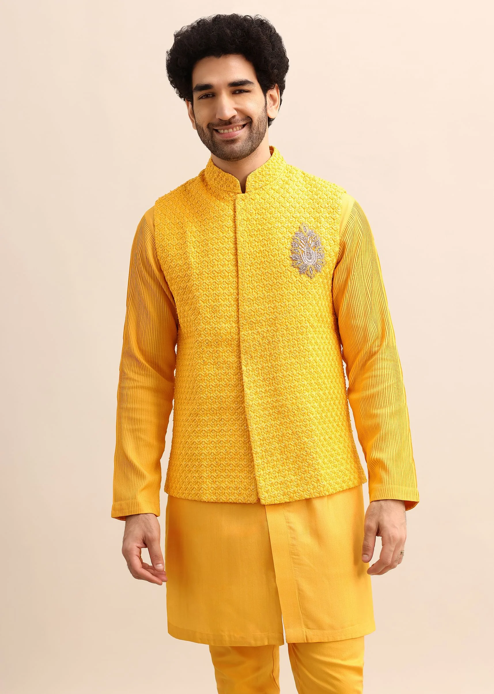 Yellow Kurta Set With Hand Embroidered Jacket - Image 3