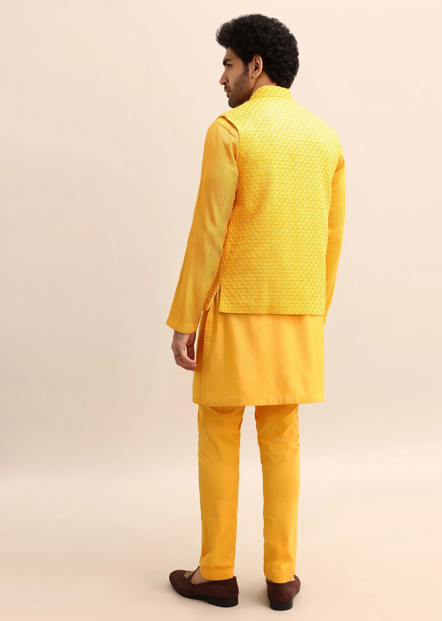 Yellow Kurta Set With Hand Embroidered Jacket - Image 5