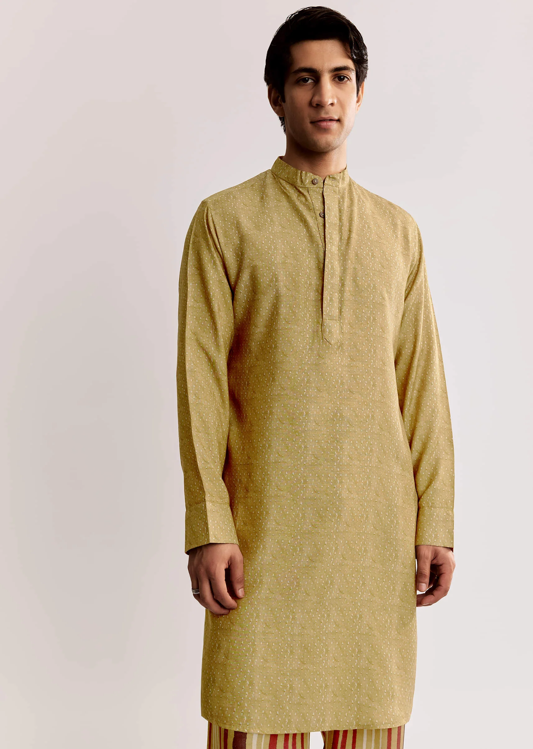 Yellow Linen Kurta Jacket Set With Ajrakh Print - Image 6
