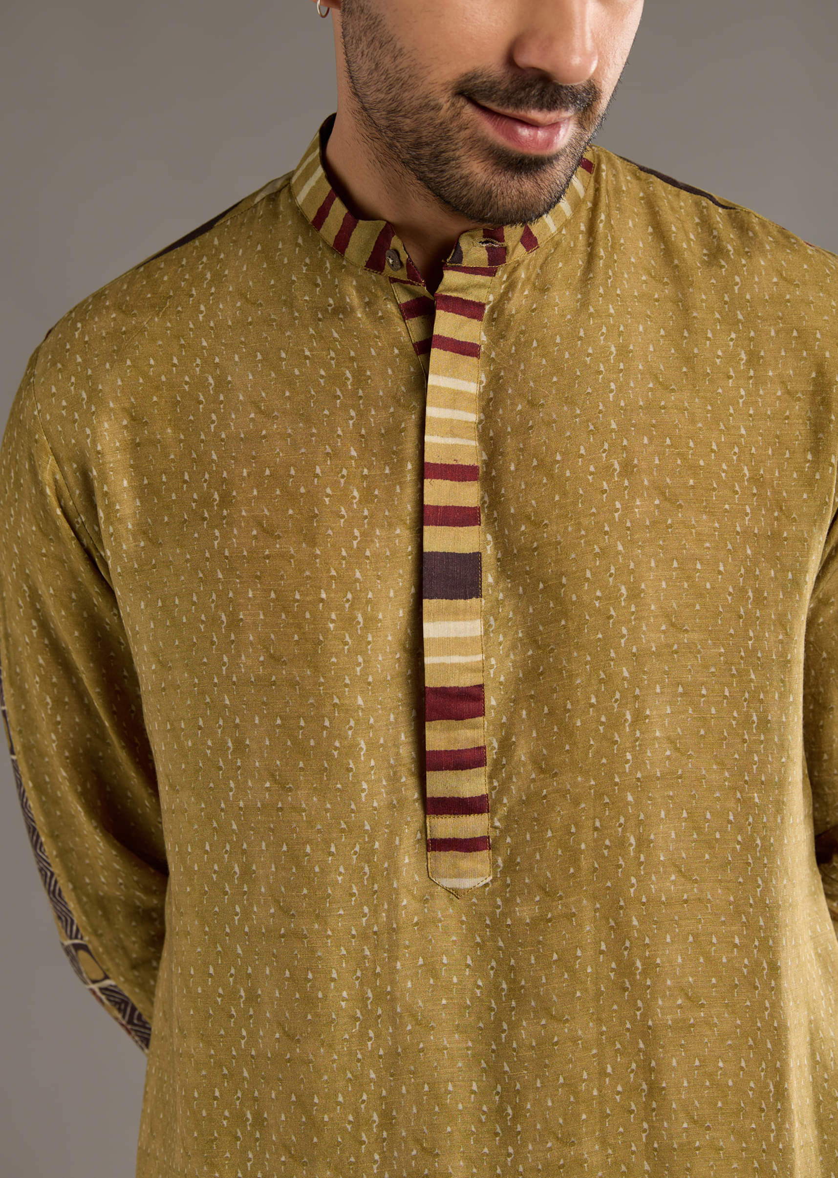 Yellow Linen Kurta Set For Men With Hand Block Ajrakh Print - Image 2