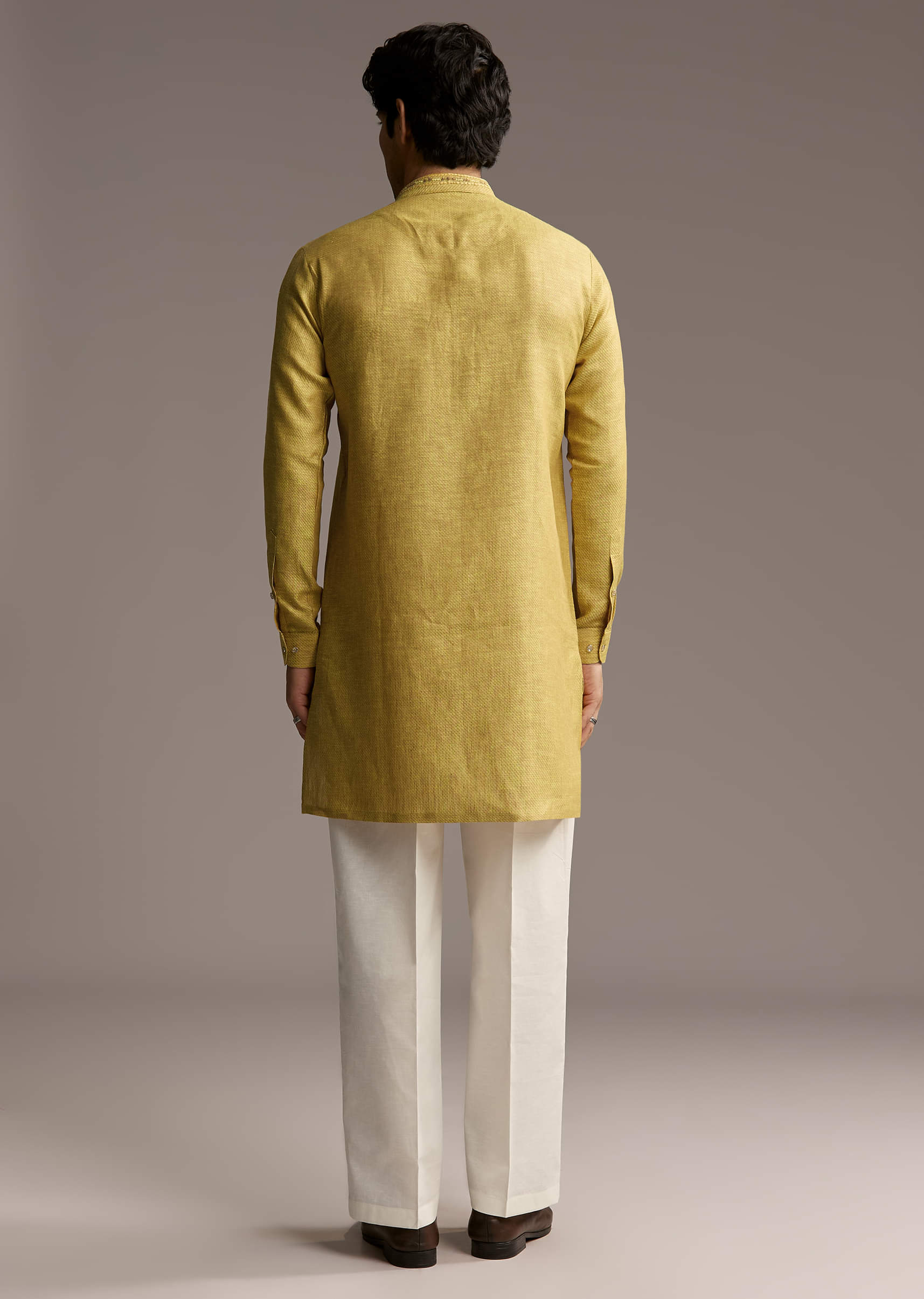 Yellow Linen Kurta Set For Men With Thread Hand Embroidery - Image 5