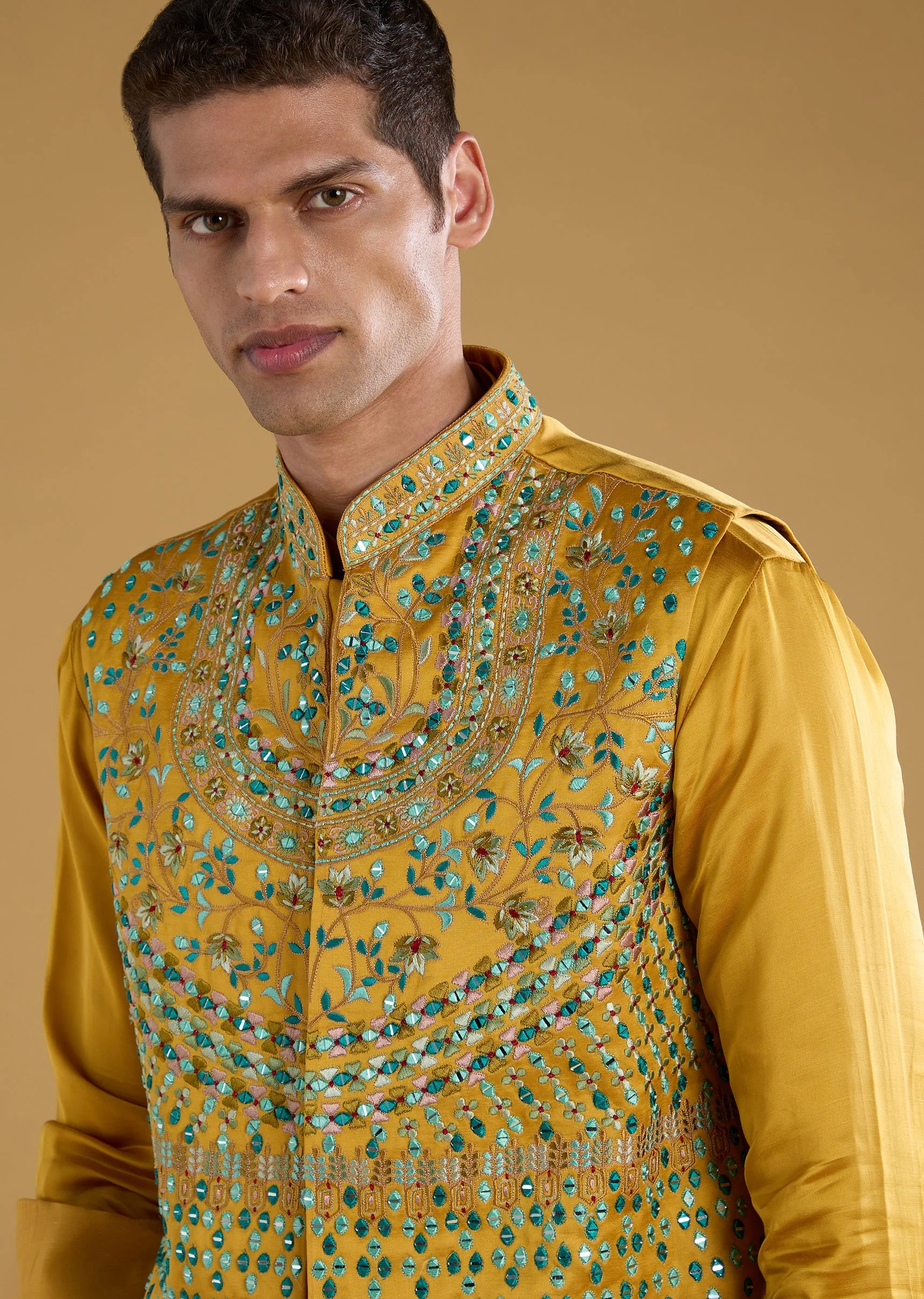 Yellow Linen Satin Silk Embroidered Mens Jacket Kurta Set - Image 2