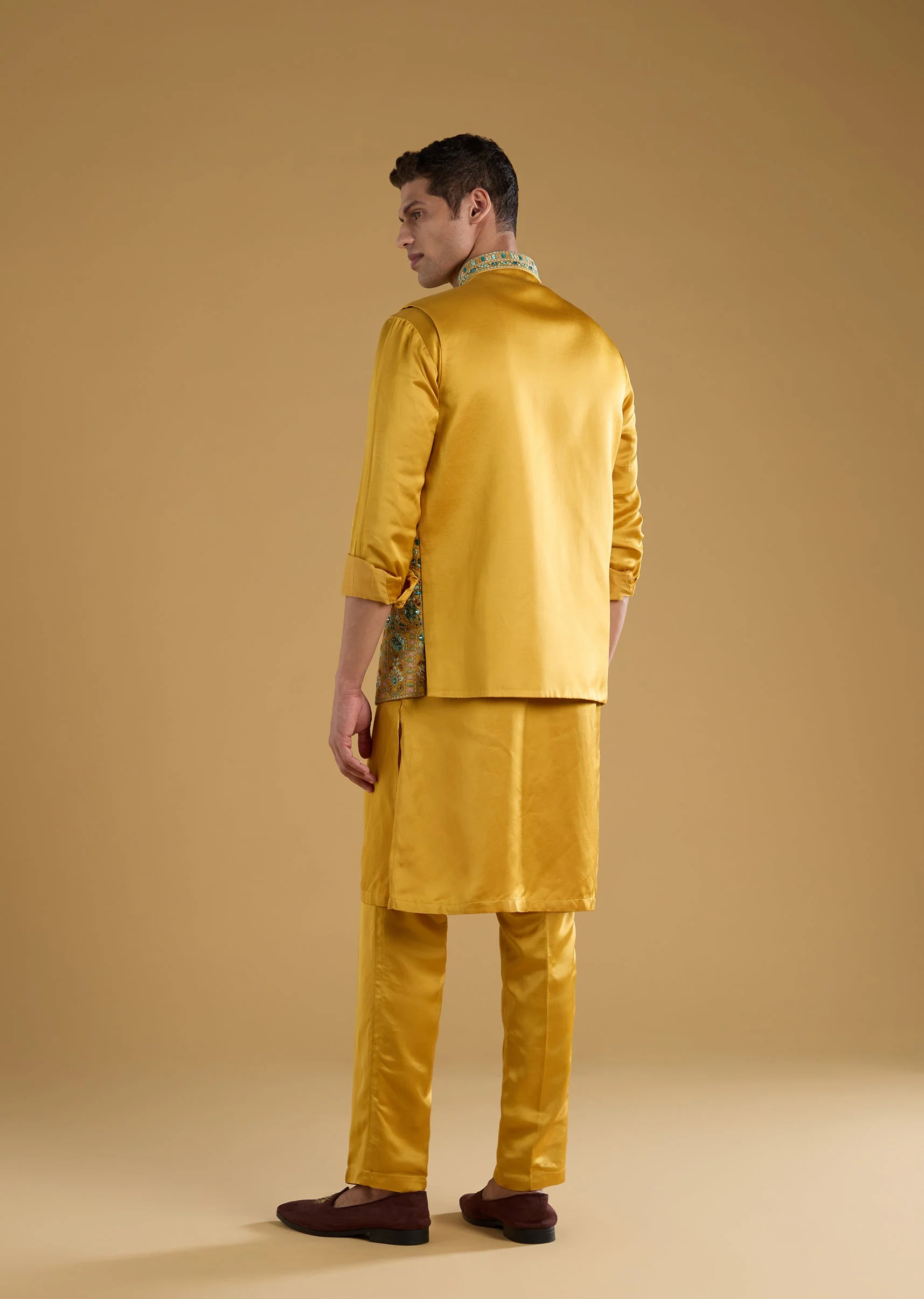 Yellow Linen Satin Silk Embroidered Mens Jacket Kurta Set - Image 5