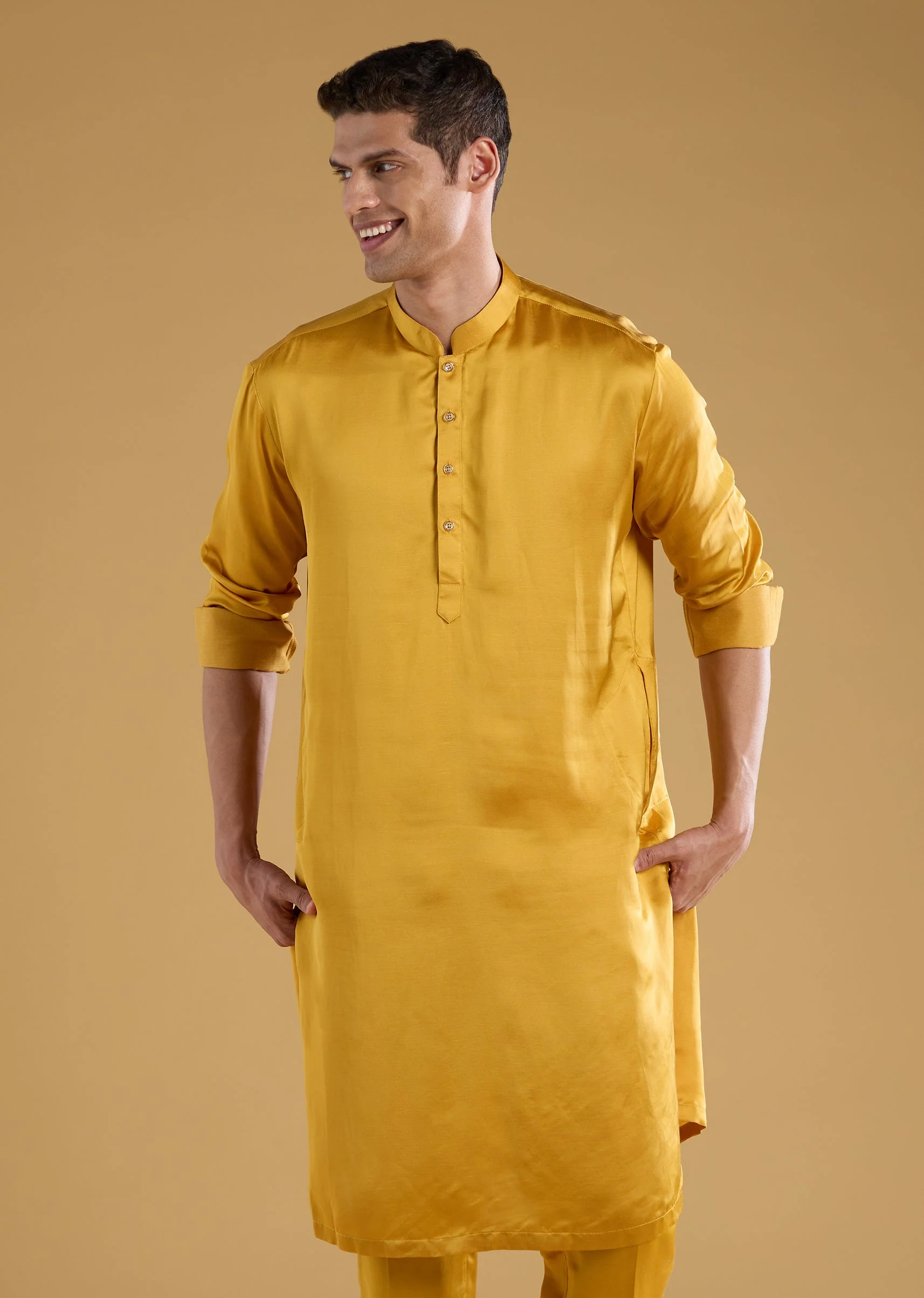 Yellow Linen Satin Silk Embroidered Mens Jacket Kurta Set - Image 6