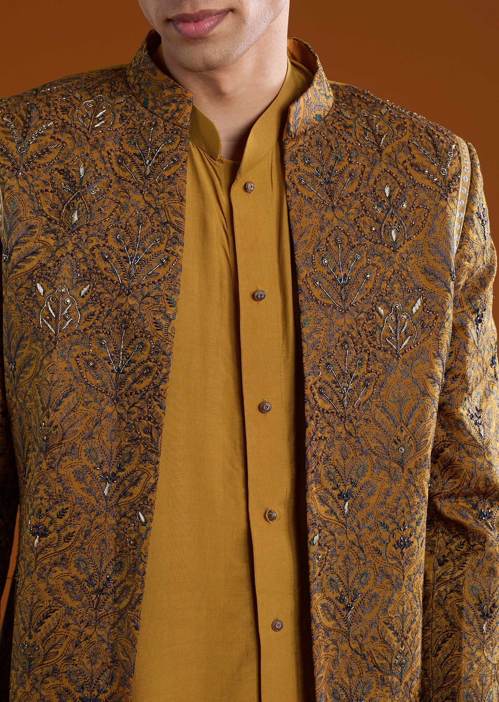 Yellow Muslin Cutdana Work Indowestern Kurta Set - Image 2