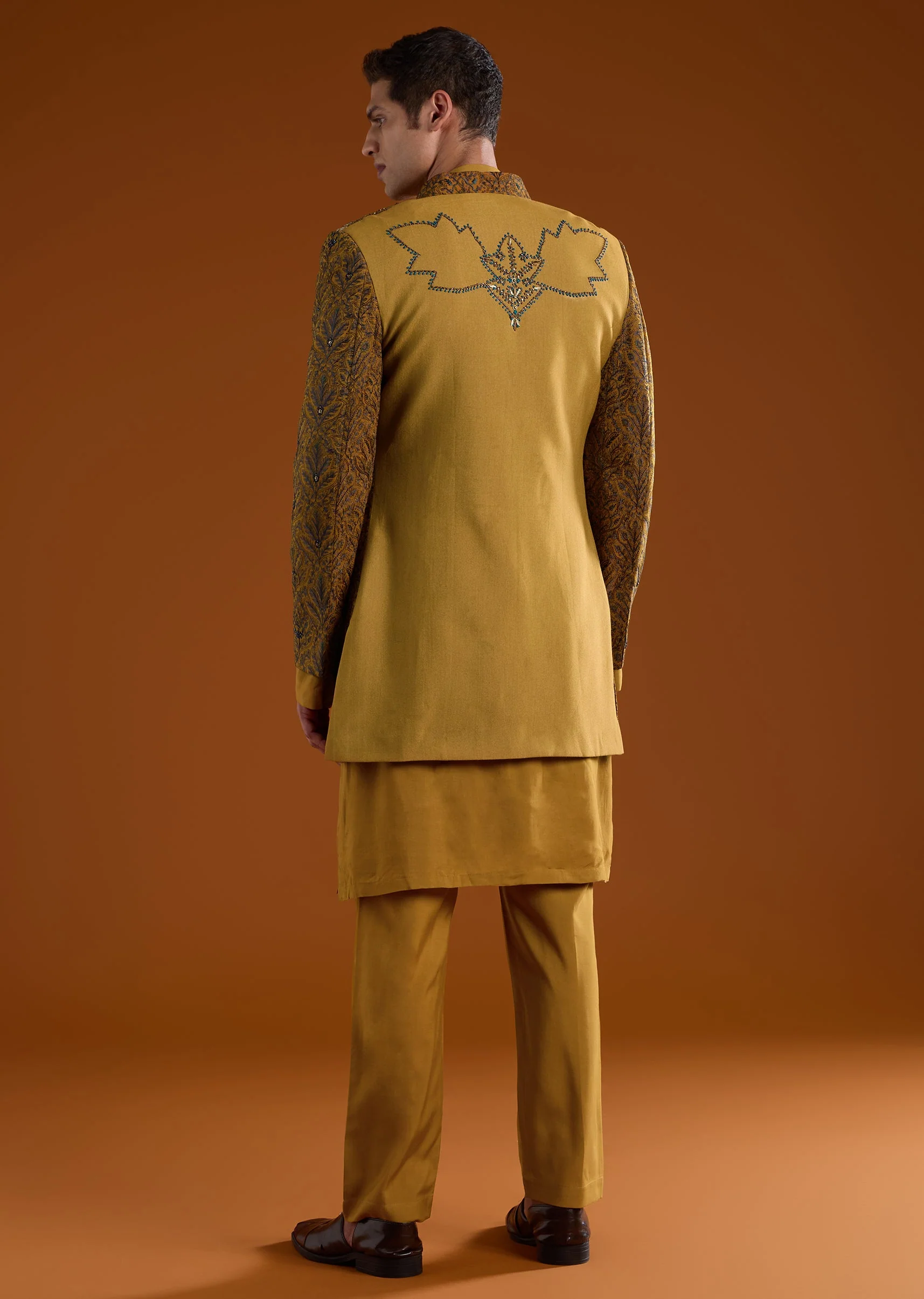 Yellow Muslin Cutdana Work Indowestern Kurta Set - Image 5