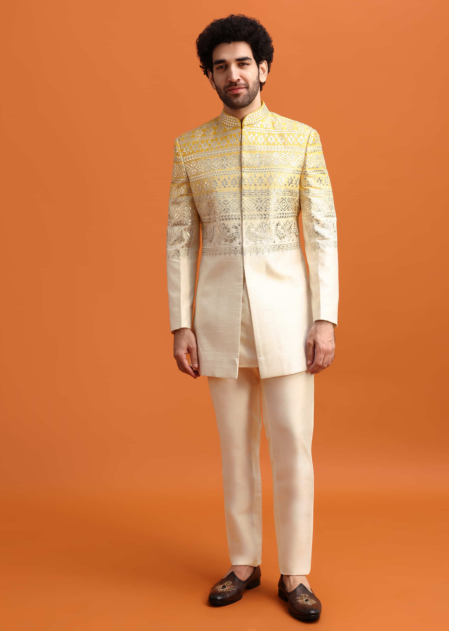Yellow Ombre Indowestern Set With Foil Applique For Men - Image 3