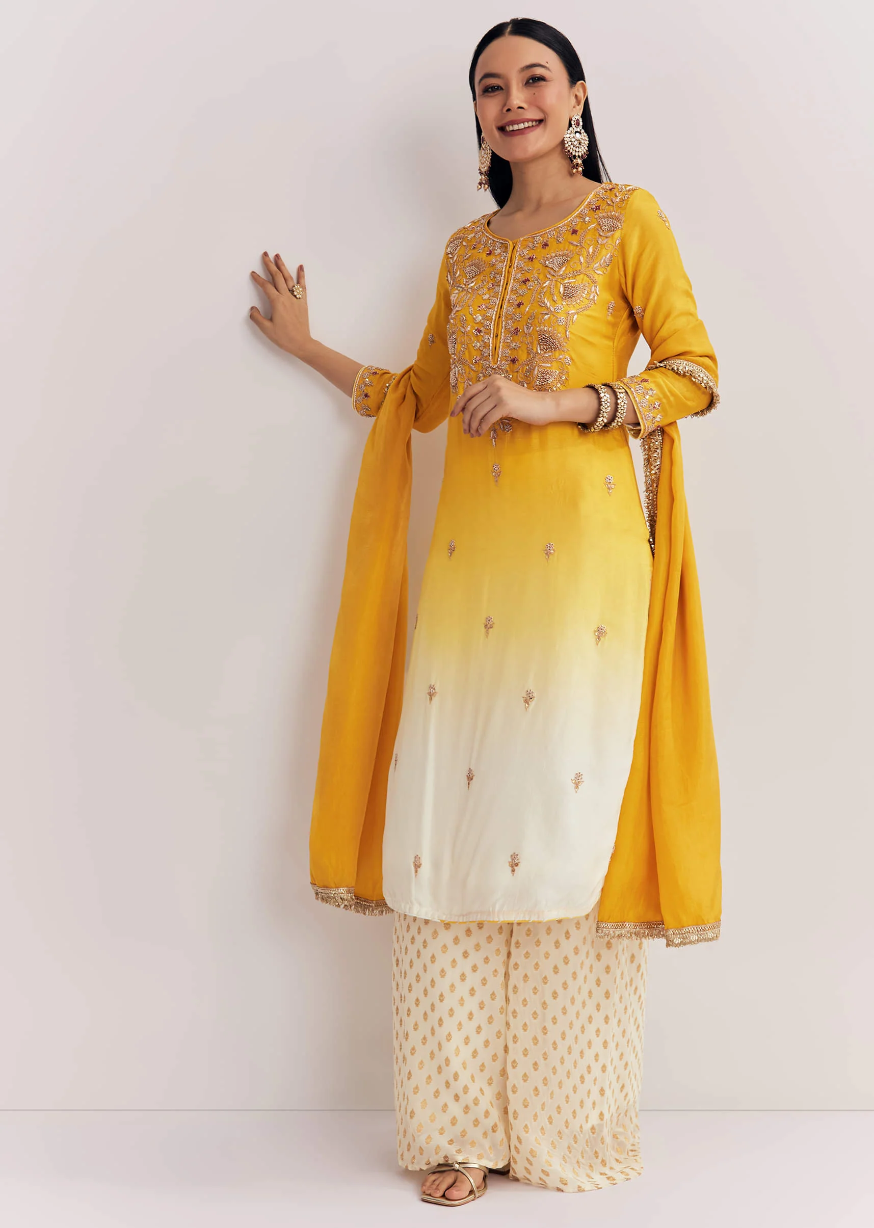 Yellow Ombre Kurta Palazzo Suit With Zardosi And Sequins Work