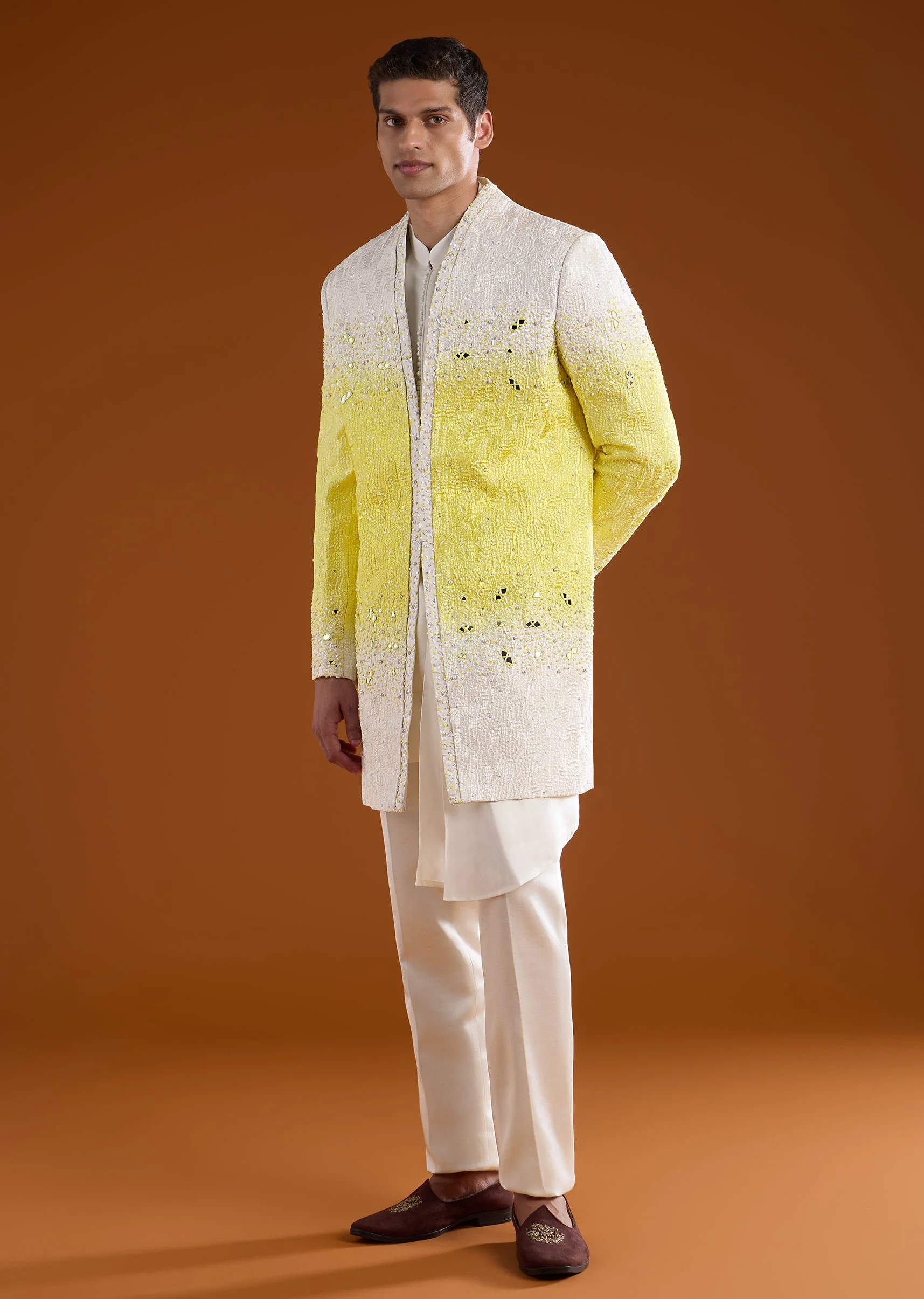 Yellow Ombre Mirror Embroidered Indowestern Kurta Set
