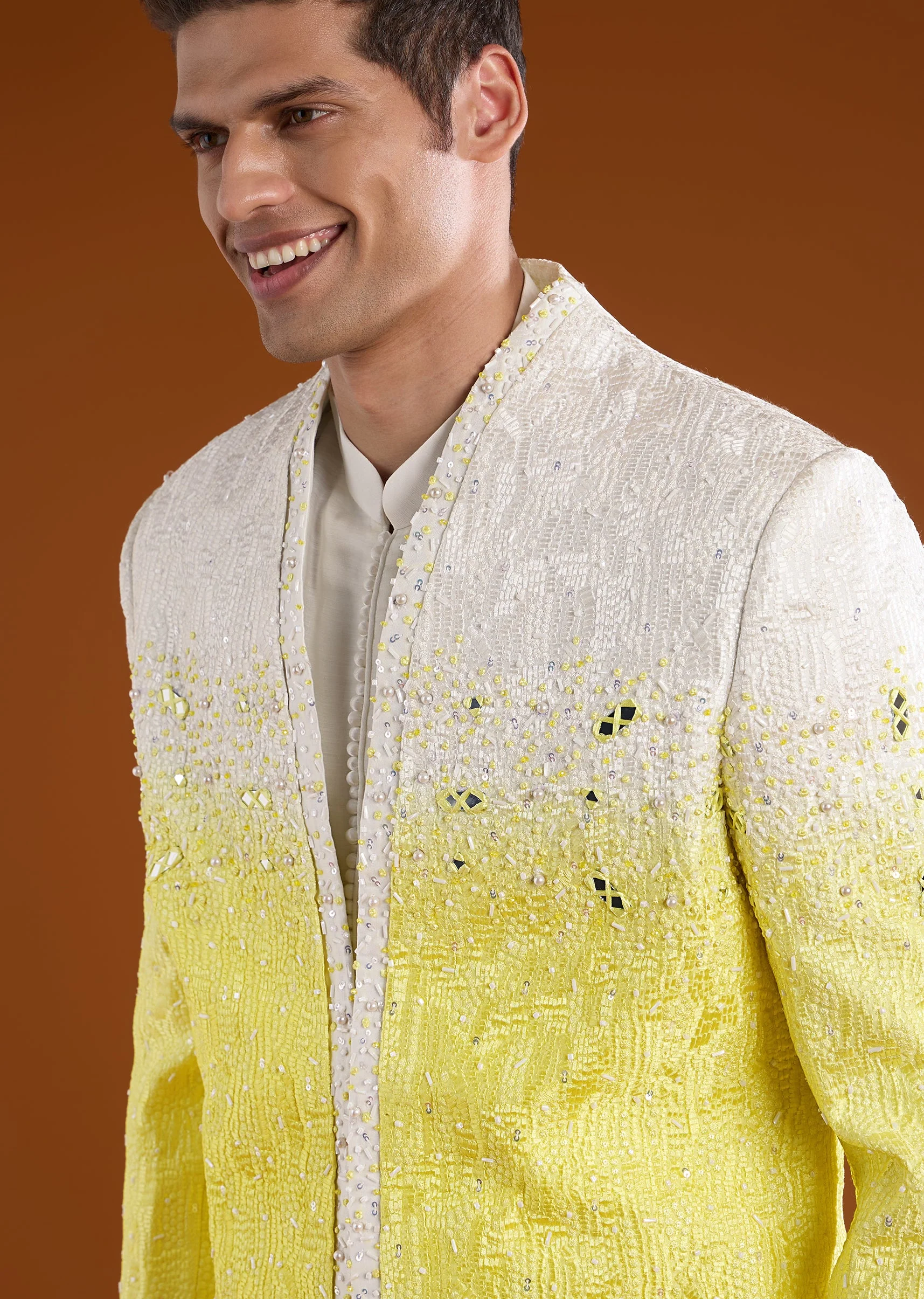 Yellow Ombre Mirror Embroidered Indowestern Kurta Set - Image 2