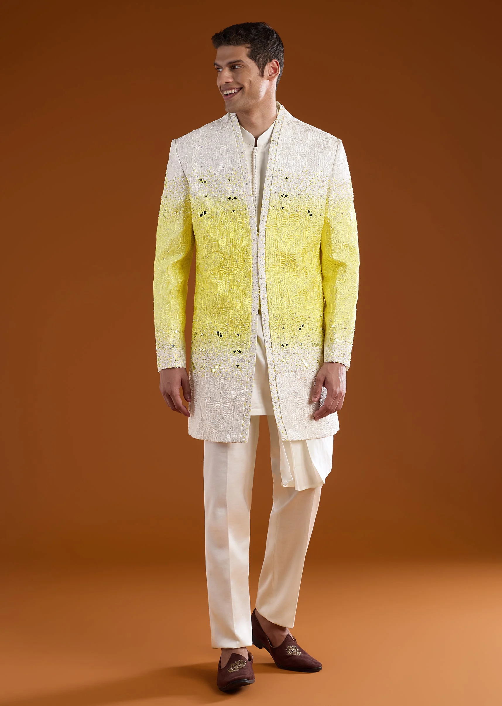 Yellow Ombre Mirror Embroidered Indowestern Kurta Set - Image 3