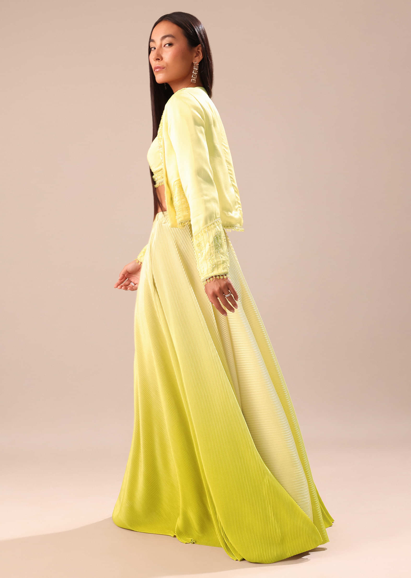 Yellow Ombre Organza Blouse And Palazzo With Jacket - Image 5