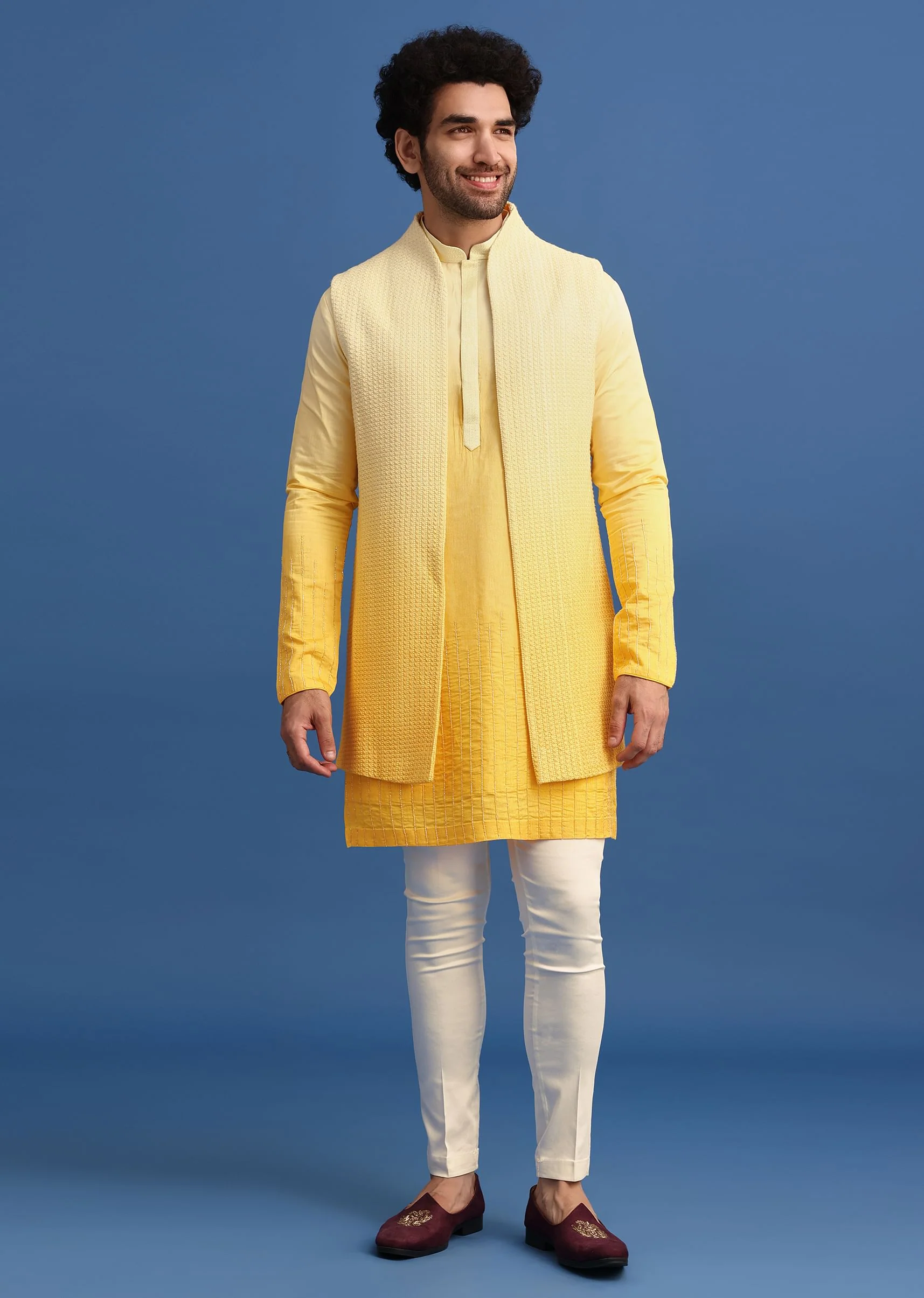 Yellow Ombre Silk Kurta Jacket Set With Zardozi Work - Image 4