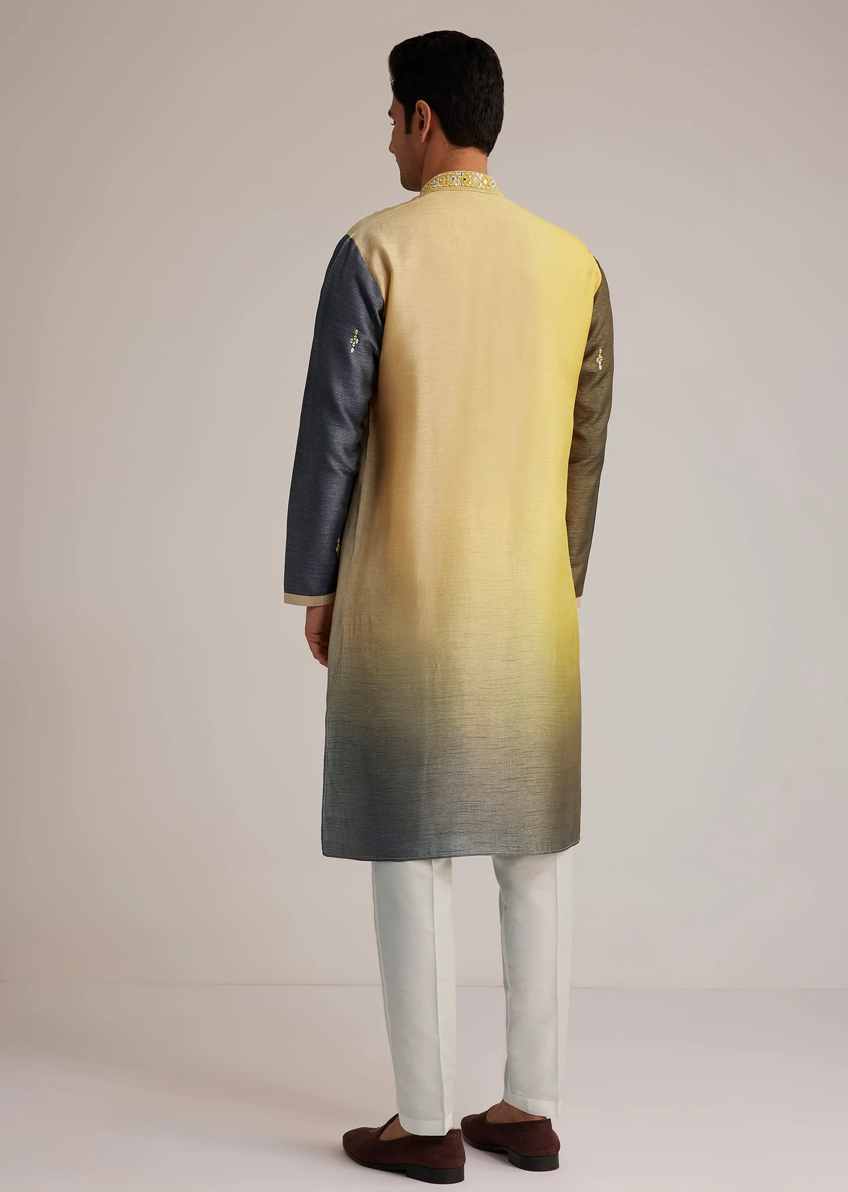 Yellow Ombre Silk Kurta Set With Mirror Work - Image 5