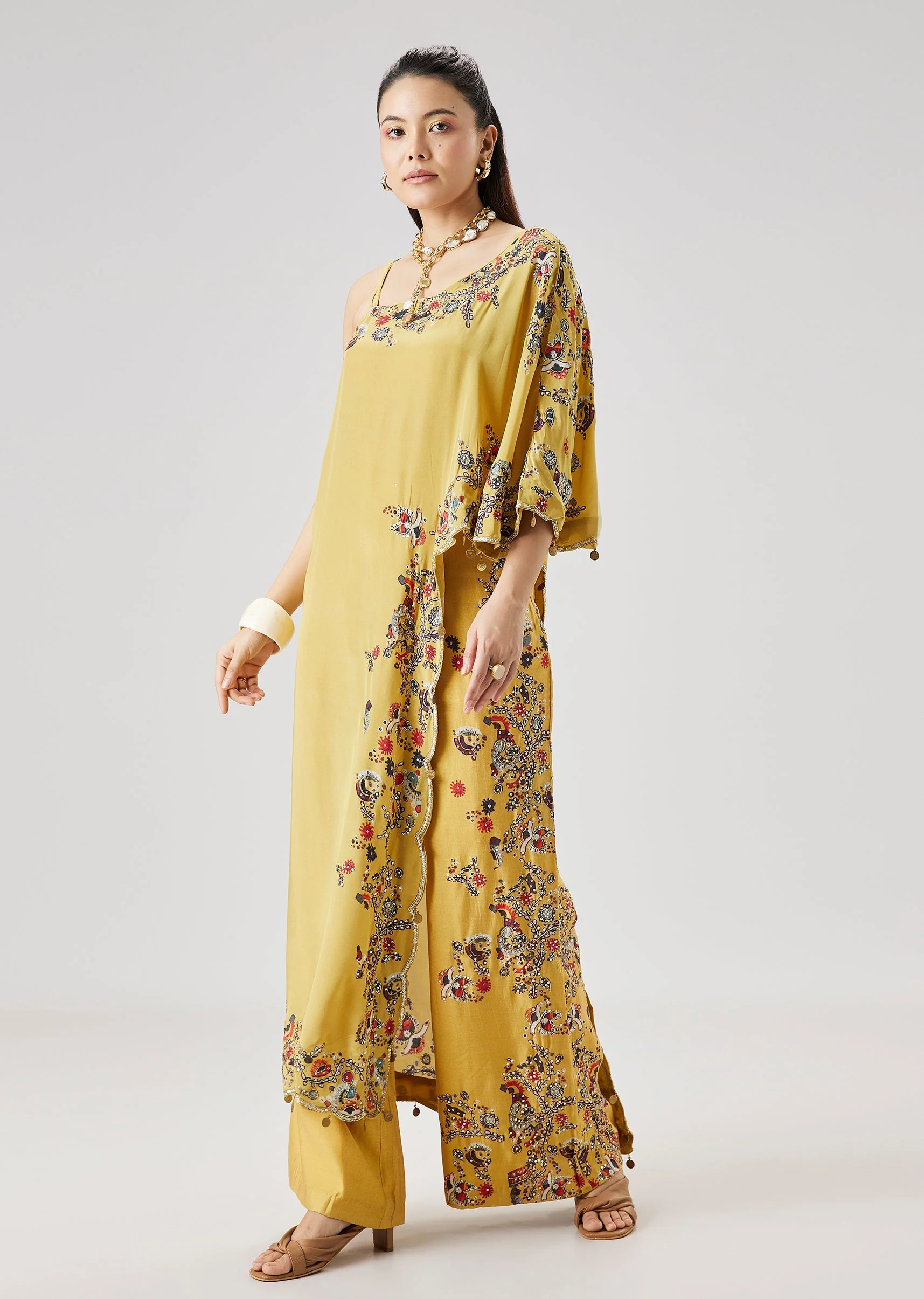 Yellow OneShoulder Printed Crop Top Palazzo Set - Image 3