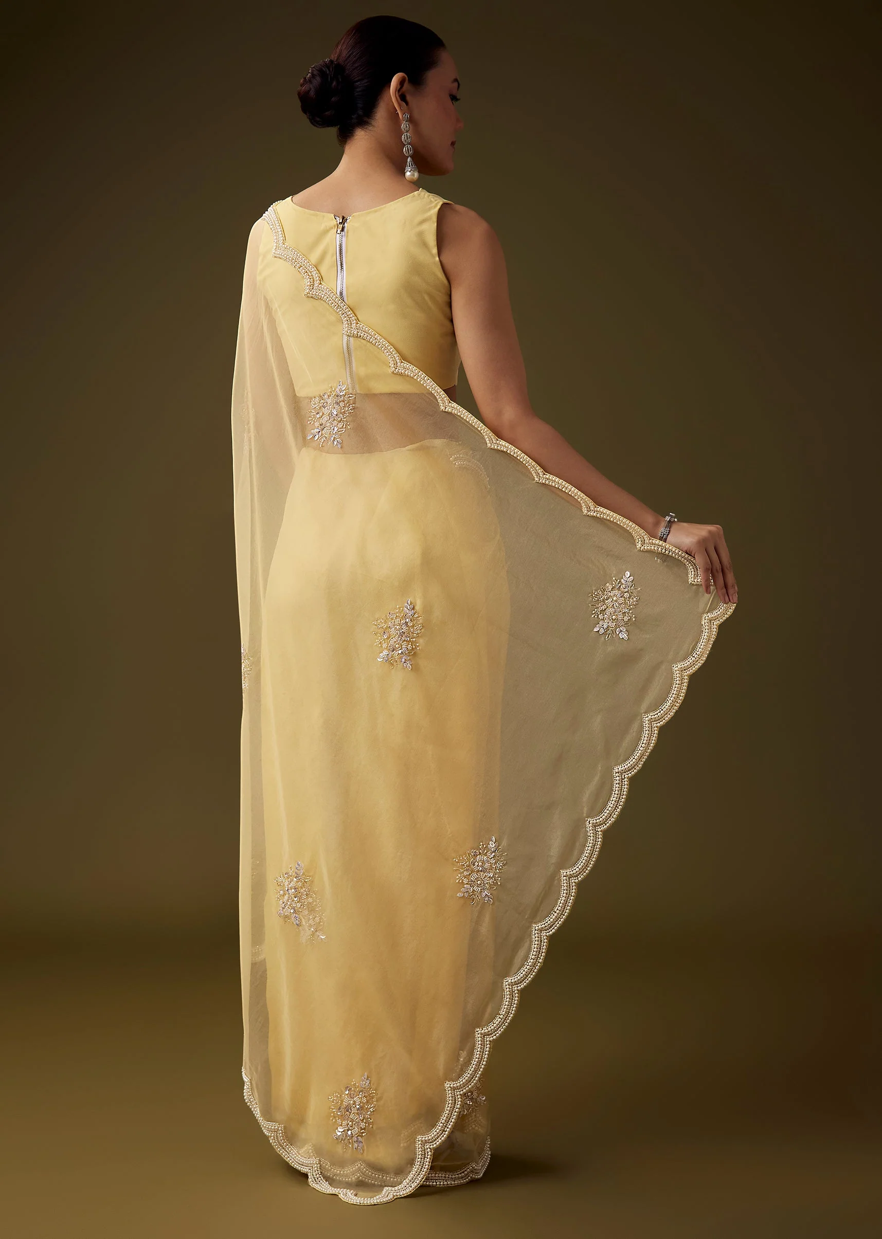 Yellow Organza Embroidered Saree with Unstitched Blouse - Image 4