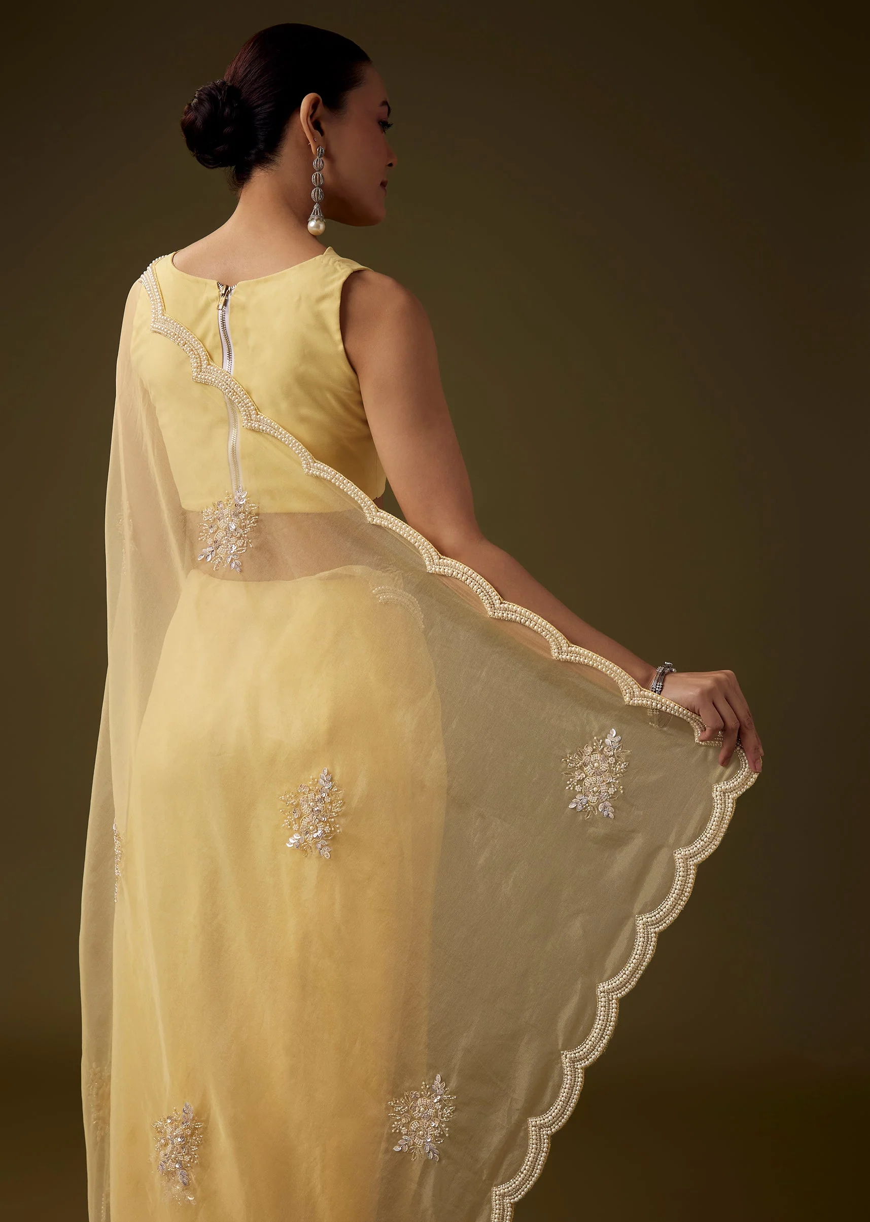 Yellow Organza Embroidered Saree with Unstitched Blouse - Image 6