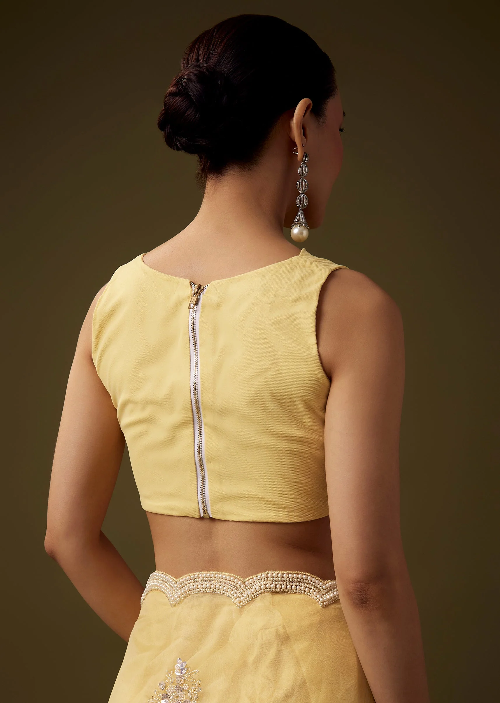 Yellow Organza Embroidered Saree with Unstitched Blouse - Image 8